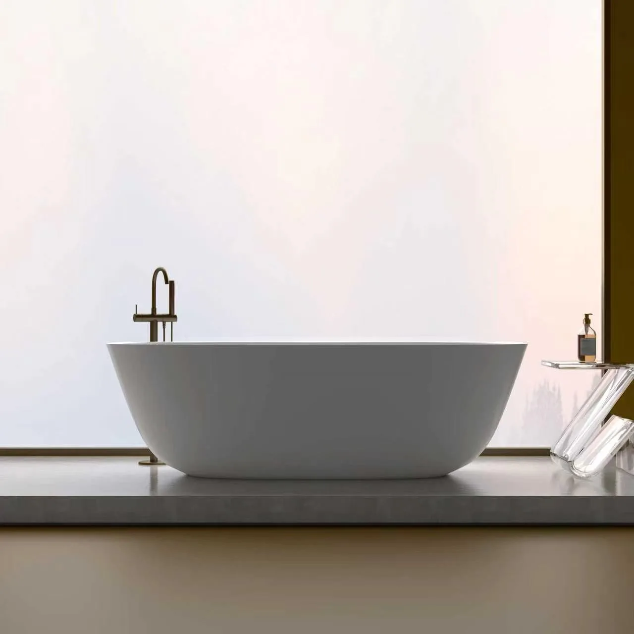Front elevation view of the Matte White Freestanding Solid Surface Bathtub set against a floor-to-ceiling window paired with a brass floor-mounted tub filler.