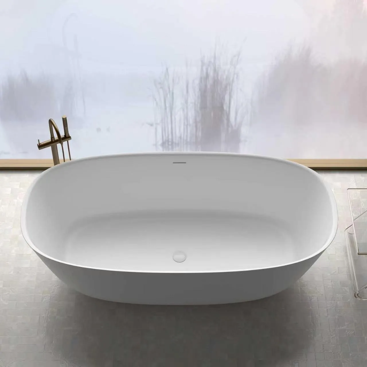 Front high-angle view of the Matte White Freestanding Solid Surface Bathtub highlighting symmetrical oval contours and centered pop-up drain.