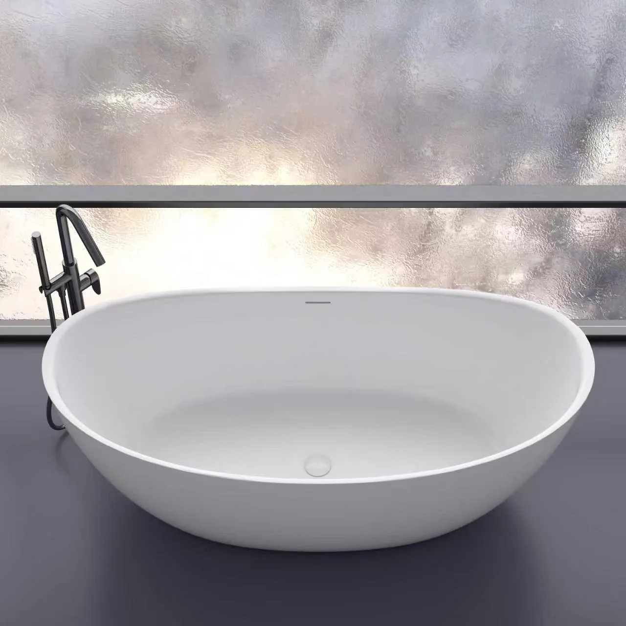 Front high-angle view of the Matte White Curved Freestanding Solid Surface Bathtub displaying the deep soaking basin interior and integrated linear overflow slot.