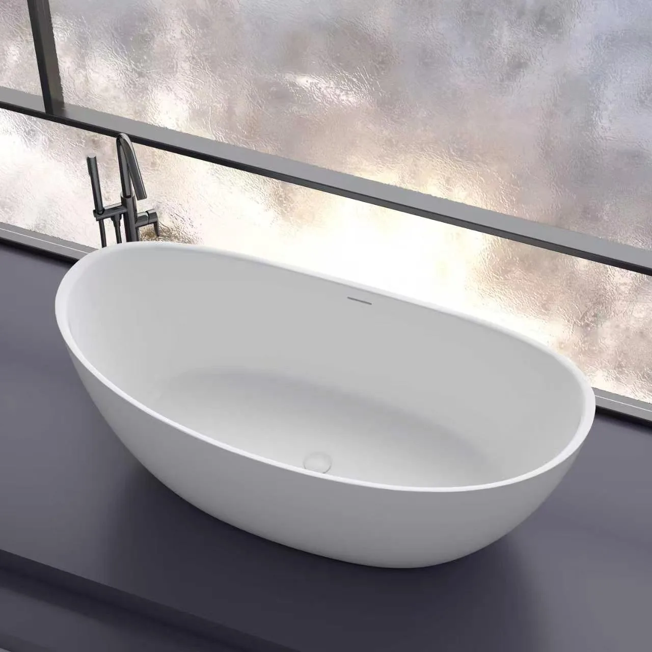 Side-angle perspective view of the Matte White Curved Freestanding Solid Surface Bathtub showcasing the ultra-thin edge rim and centered pop-up drain.
