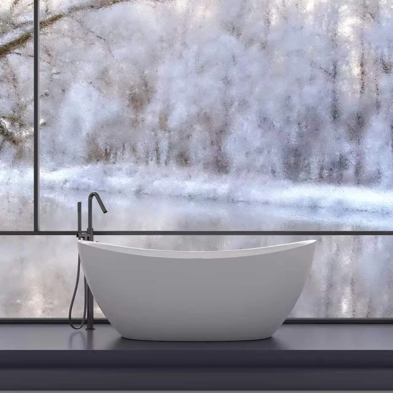 Direct eye-level front elevation view of the Matte White Curved Freestanding Solid Surface Bathtub displaying its sweeping curved silhouette against a textured frosted window.