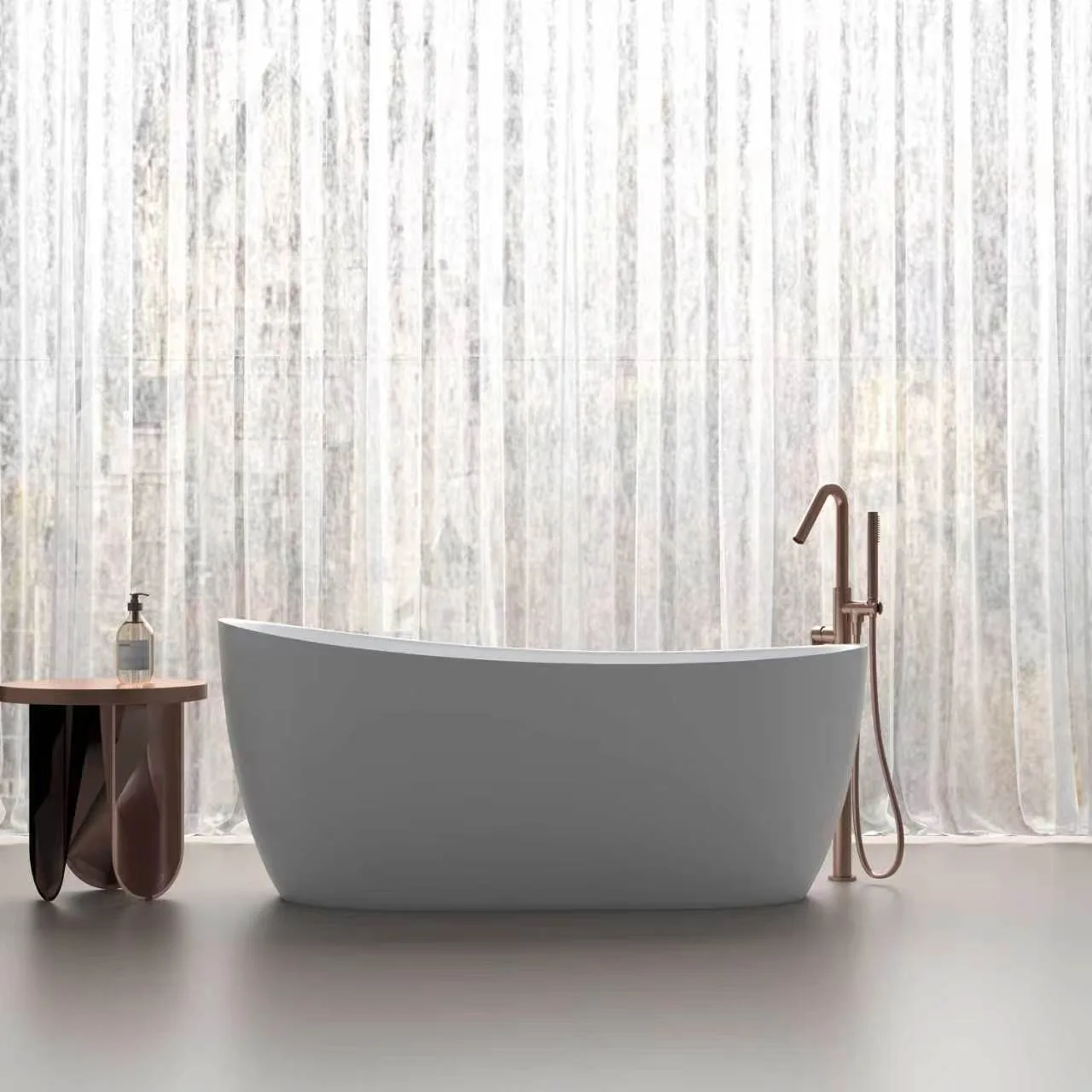 Front eye-level elevation view of the Matte White Asymmetric Freestanding Solid Surface Bathtub displaying its sweeping organic rim profile paired with a rose gold faucet.