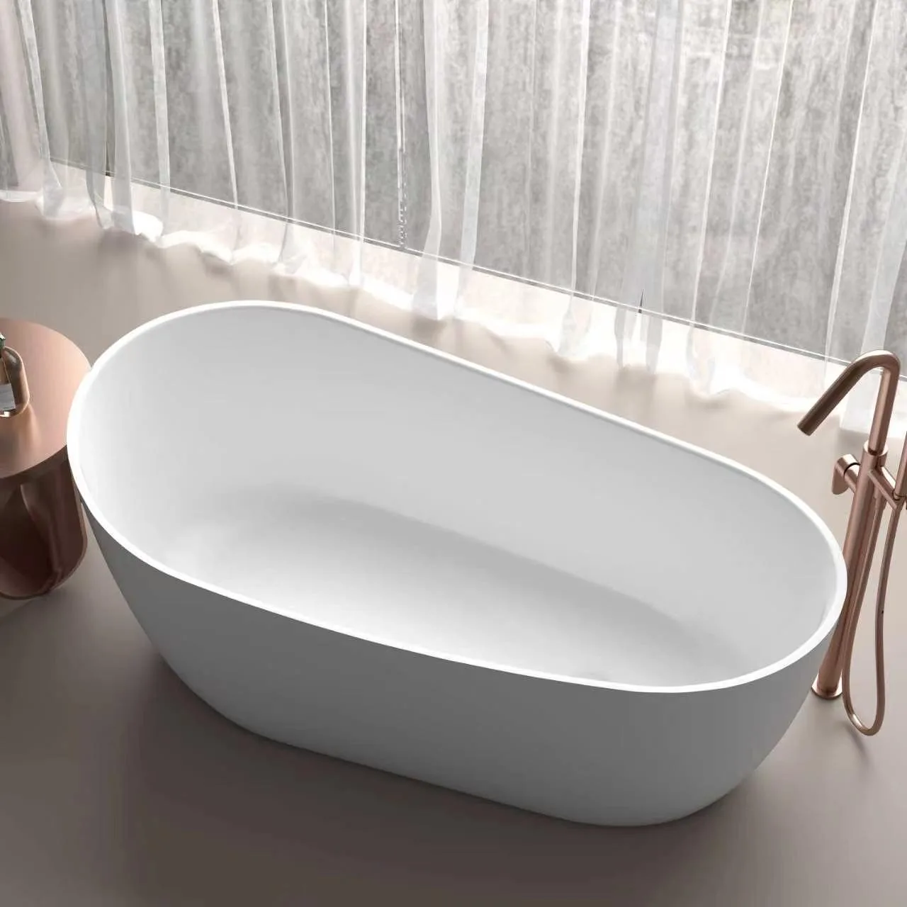 High-angle top view of the Matte White Asymmetric Freestanding Solid Surface Bathtub highlighting the wide interior soaking basin and slim perimeter edge.