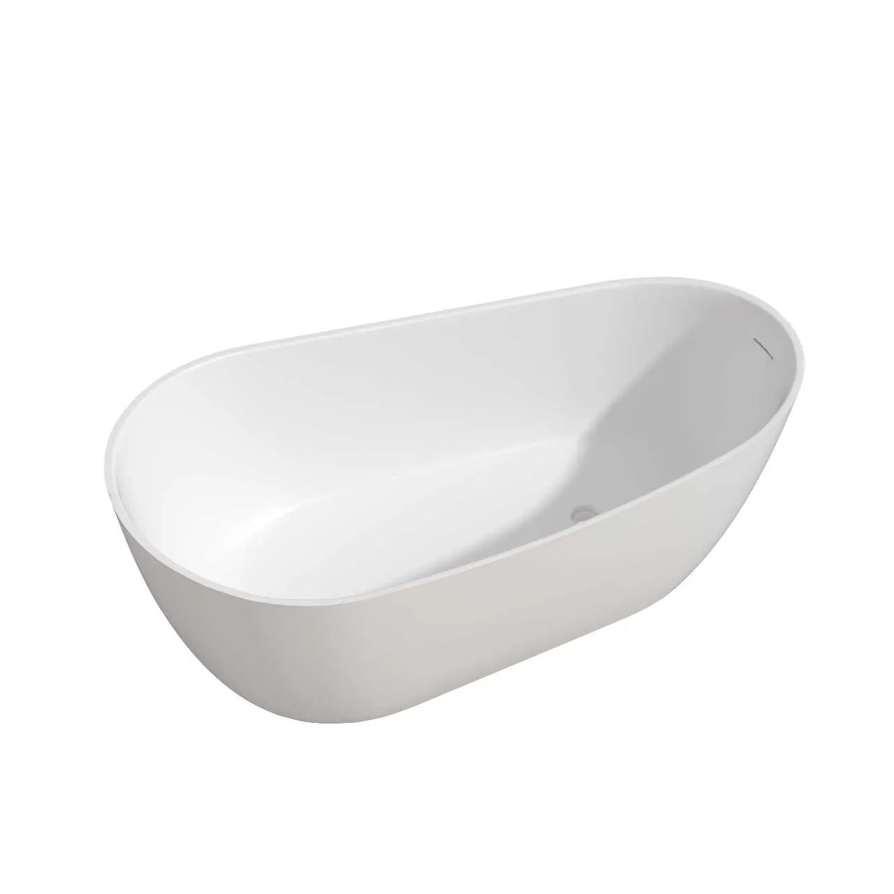 Studio isolation view of the Matte White Asymmetric Freestanding Solid Surface Bathtub displaying its pebble-inspired organic geometry and integrated overflow slot.