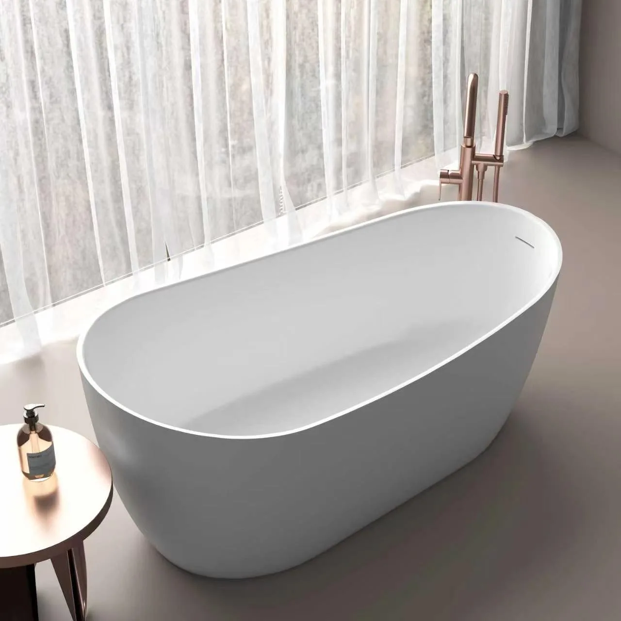 Side perspective view of the Matte White Asymmetric Freestanding Solid Surface Bathtub showing the smooth matte stone resin surface and deep soaking well.