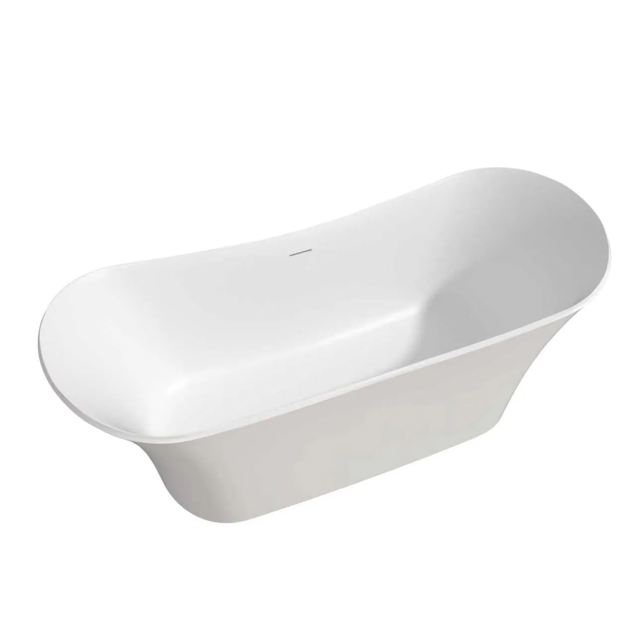 Studio product isolation view of the Matte White Double Slipper Solid Surface Bathtub displaying its flared top rim, integrated slot overflow, and deep soaking basin.