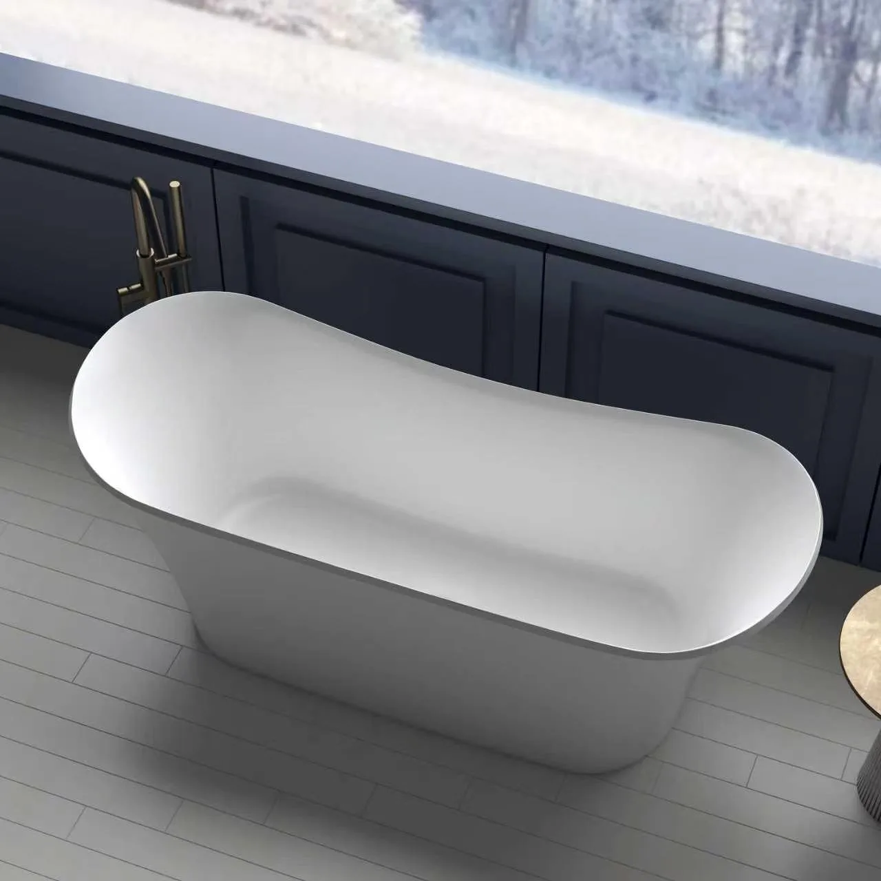 High-angle view of the Matte White Double Slipper Solid Surface Bathtub highlighting the smooth matte stone resin finish and sweeping double-ended silhouette.