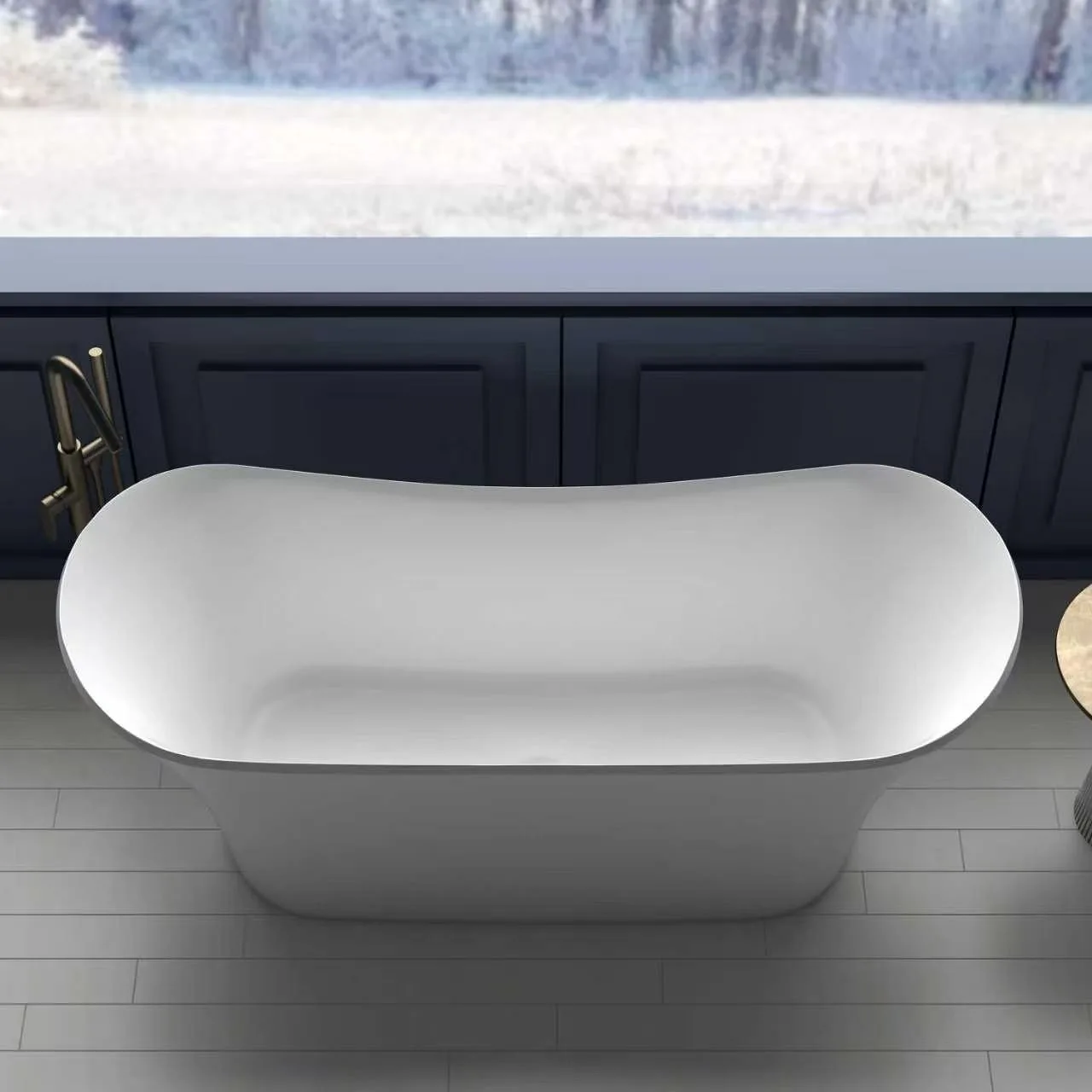 Direct top-down perspective view of the Matte White Double Slipper Solid Surface Bathtub showcasing its spacious symmetrical interior and central drain alignment.