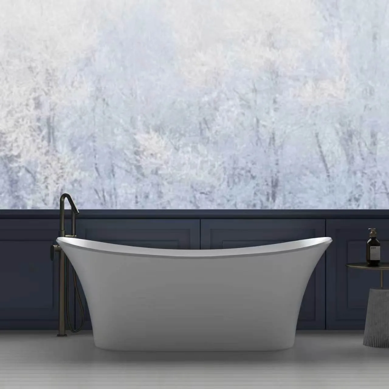 Front elevation view of the Matte White Double Slipper Solid Surface Bathtub displaying its dramatic swept-up ends and flared pedestal profile.