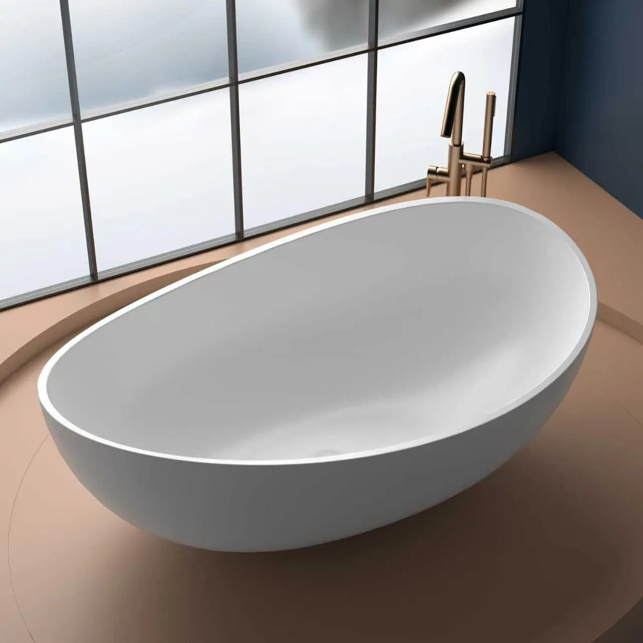 High-angle perspective view of the Matte White Organic Egg-Shaped Freestanding Solid Surface Bathtub positioned on a raised platform beside a large window with a floor-mounted gold tub filler.