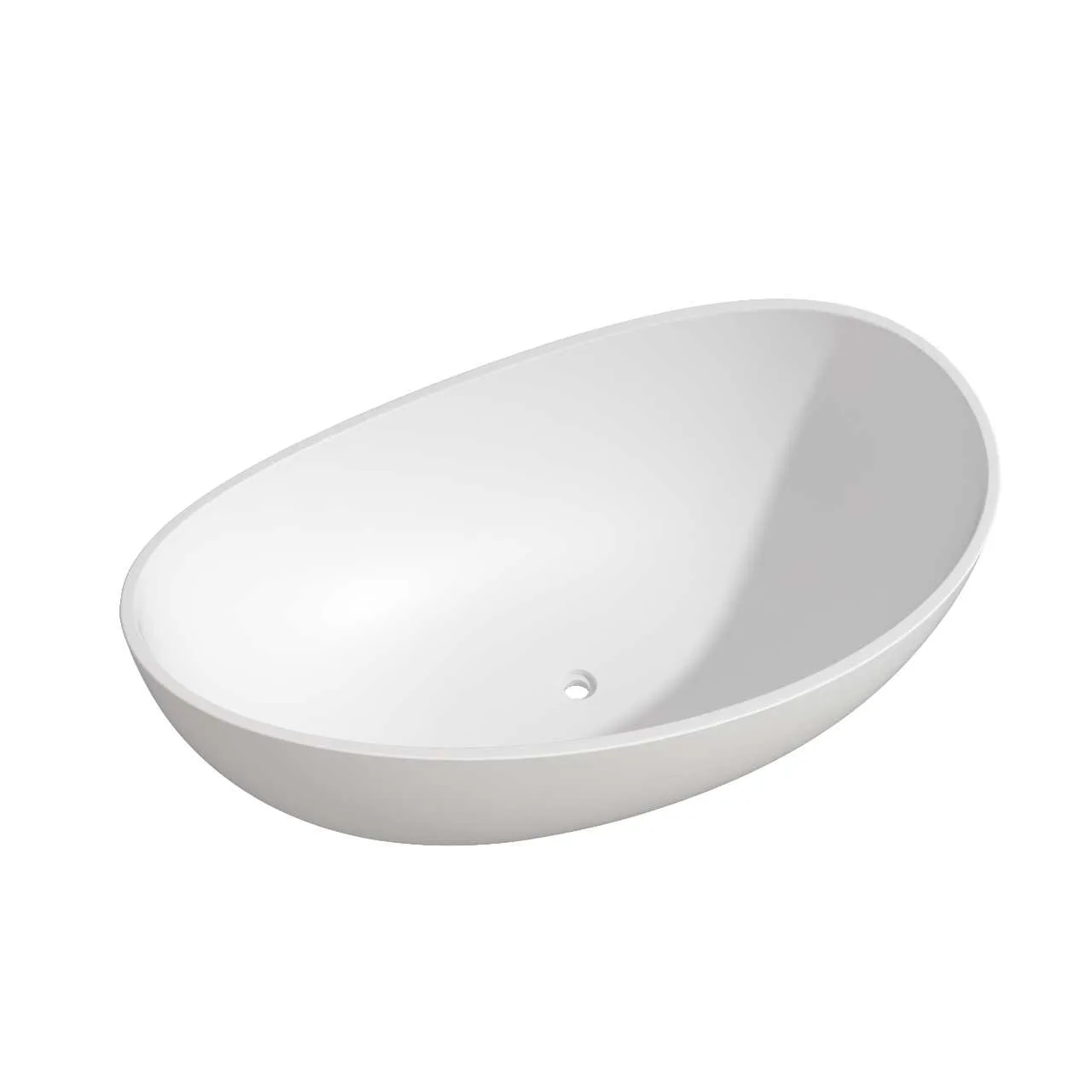 Studio product isolation rendering of the Matte White Organic Egg-Shaped Freestanding Solid Surface Bathtub showcasing the smooth, seamless interior basin and bottom drain opening.