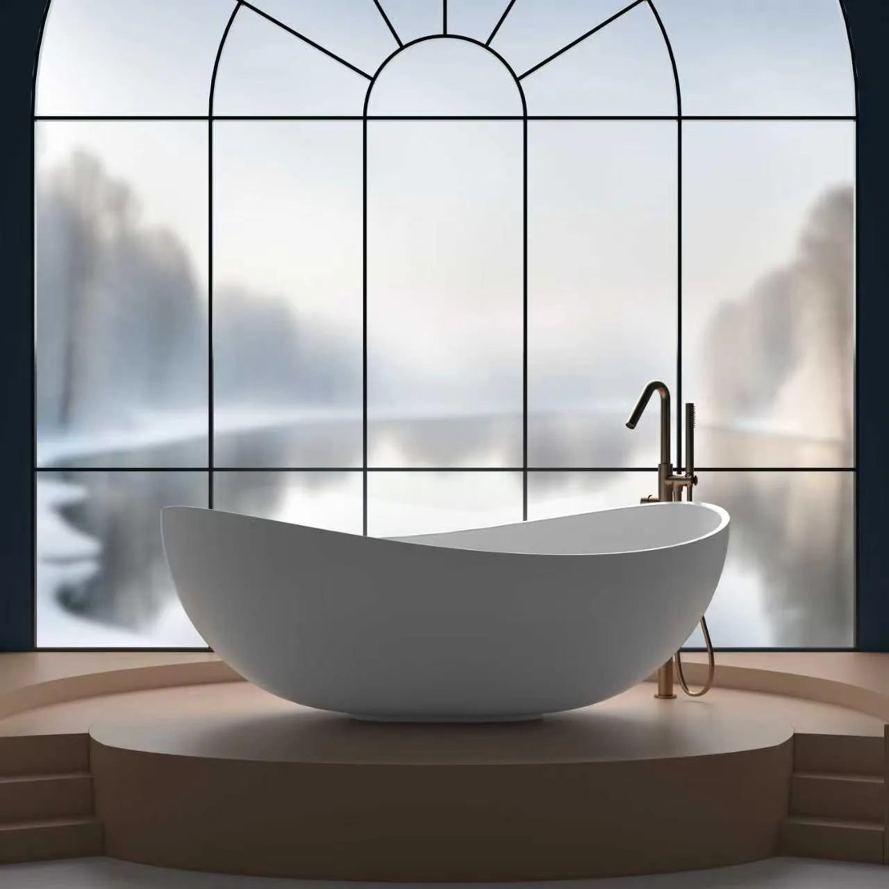 Direct front elevation view of the Matte White Organic Egg-Shaped Freestanding Solid Surface Bathtub displaying its sweeping wave-like rim line against an arched window backdrop.