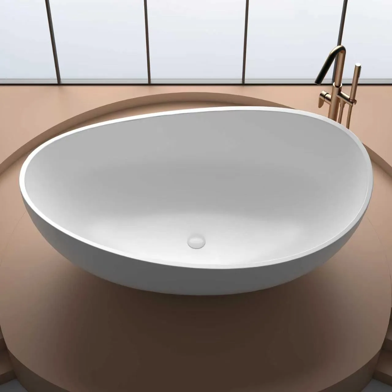 Top-down perspective view of the Matte White Organic Egg-Shaped Freestanding Solid Surface Bathtub highlighting its organic asymmetrical pebble footprint and matching white pop-up drain cover.