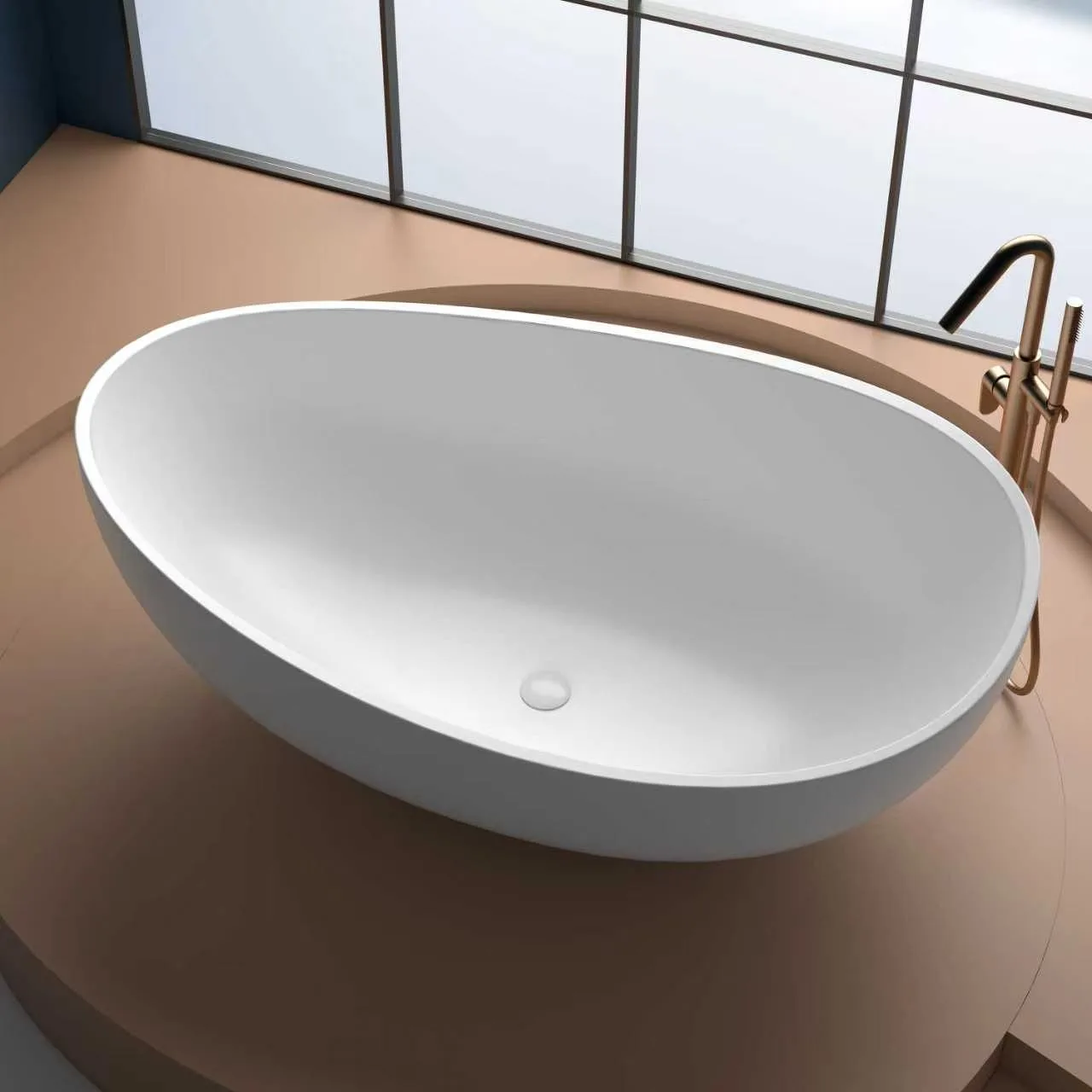 High-angle side-profile view of the Matte White Organic Egg-Shaped Freestanding Solid Surface Bathtub displaying the smooth satin matte finish and elegant stone resin contours.