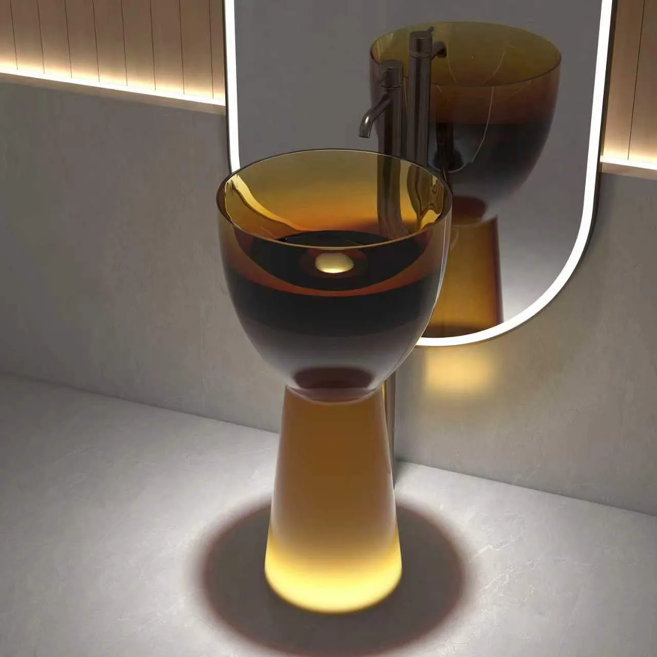 Studio isolated view of the smoky rose pink variant of the chalice translucent resin pedestal washbasin showing its smooth, translucent body.