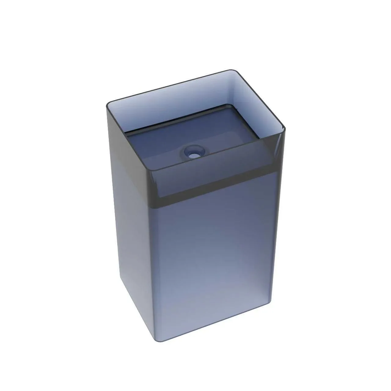 Studio isolated view of the smoky blue variant of the translucent resin freestanding pedestal washbasin showing its high-purity geometric structure.