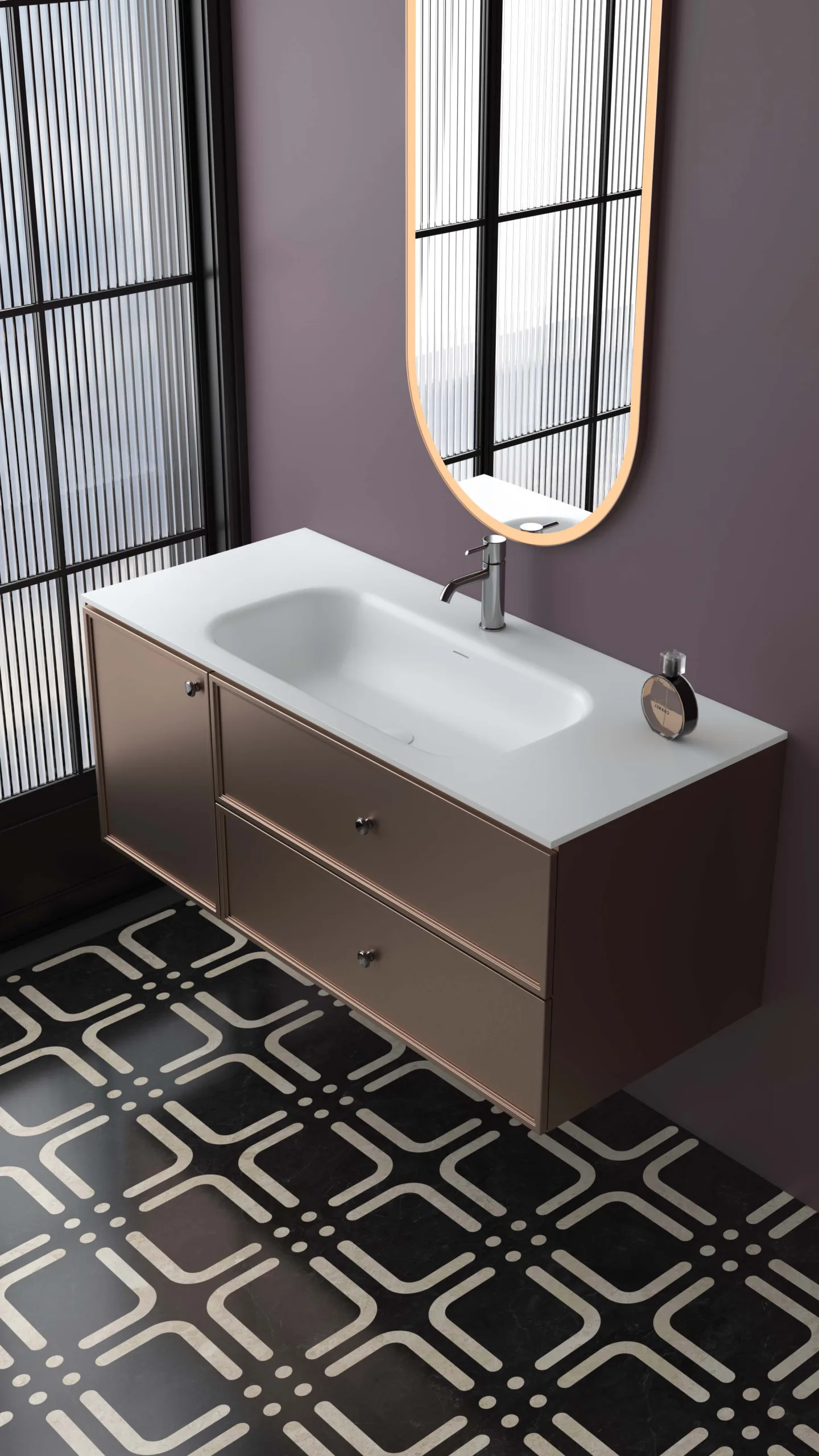 High-end bronze floating solid surface bathroom vanity combo featuring a seamless matte white resin countertop, a tall oval backlit LED mirror, and luxury metallic cabinetry.