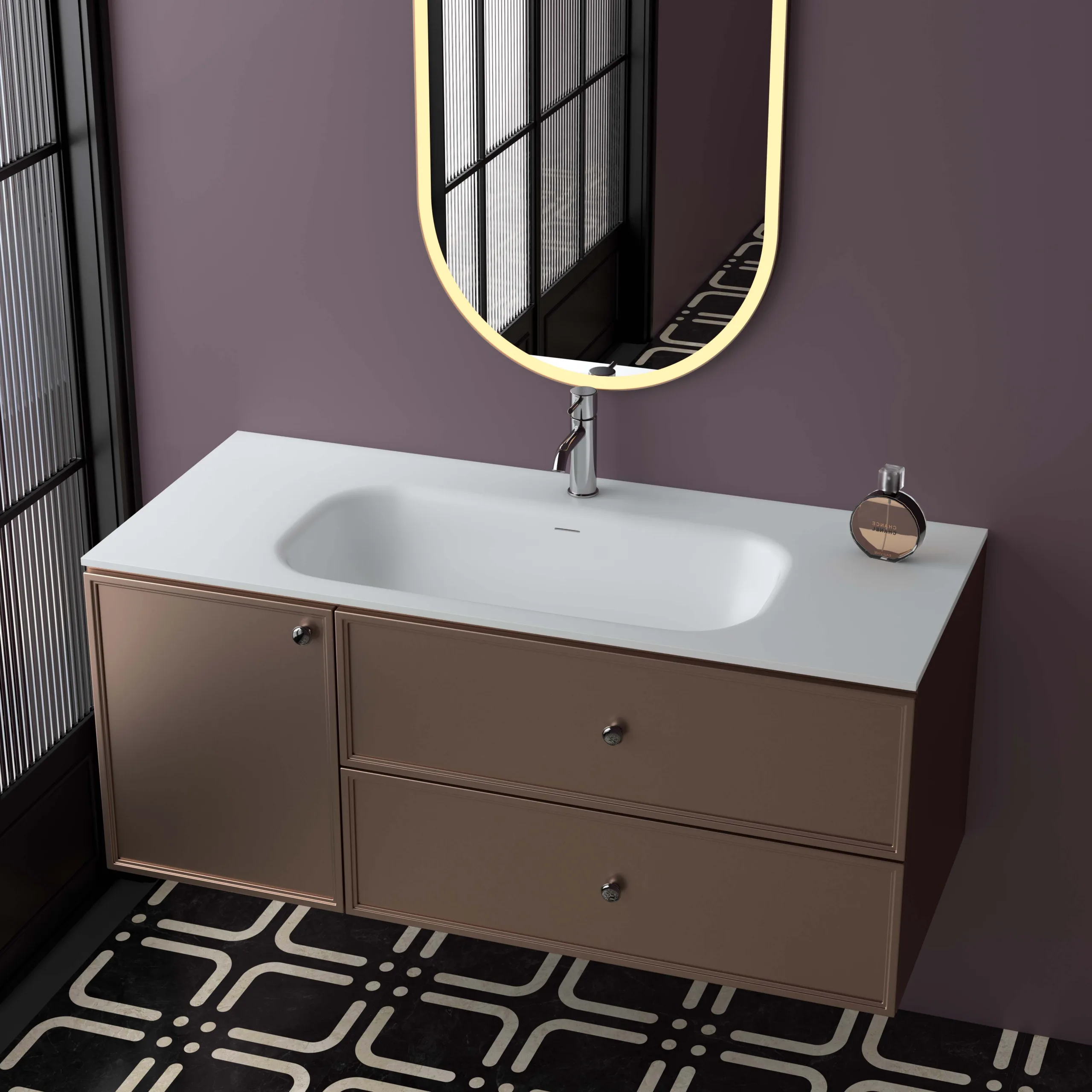 Close-up perspective view of the bronze floating solid surface bathroom vanity showcasing the sleek metallic finish and minimalist round knobs.