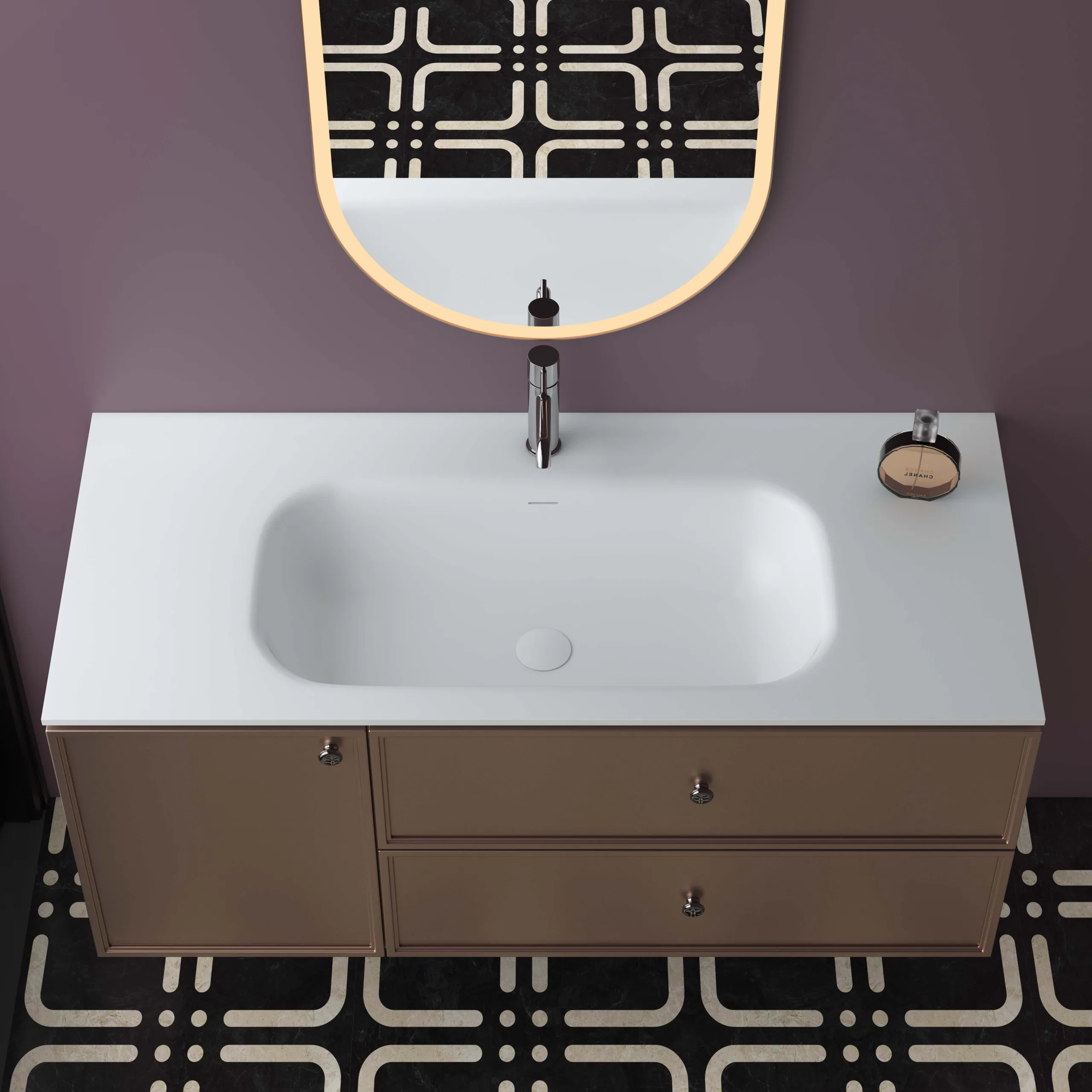 Overhead top-down view of the seamless integrated white basin on the bronze floating solid surface bathroom vanity.