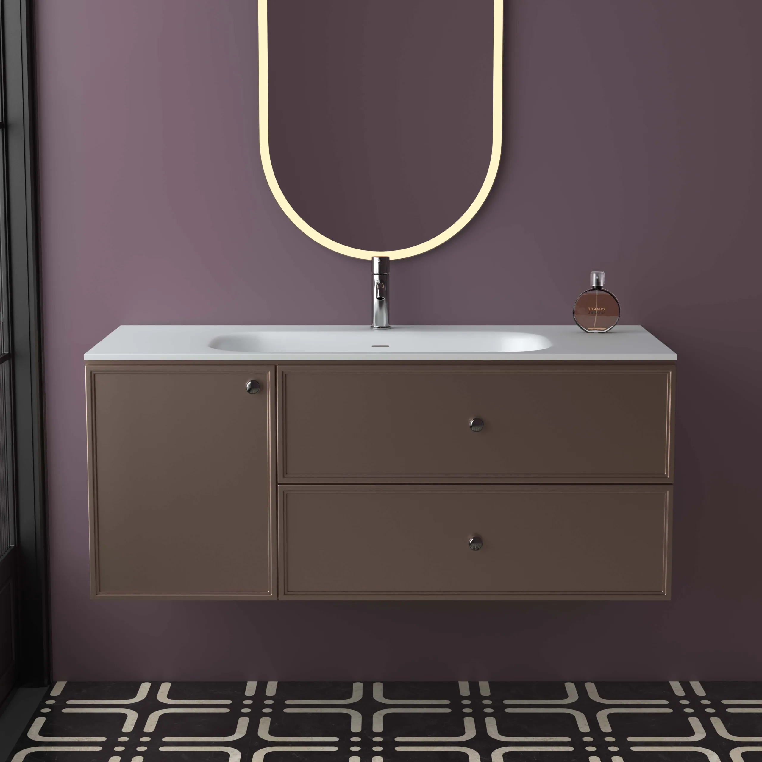 Front elevation view highlighting the clean asymmetrical layout and geometric symmetry of the bronze floating solid surface bathroom vanity.