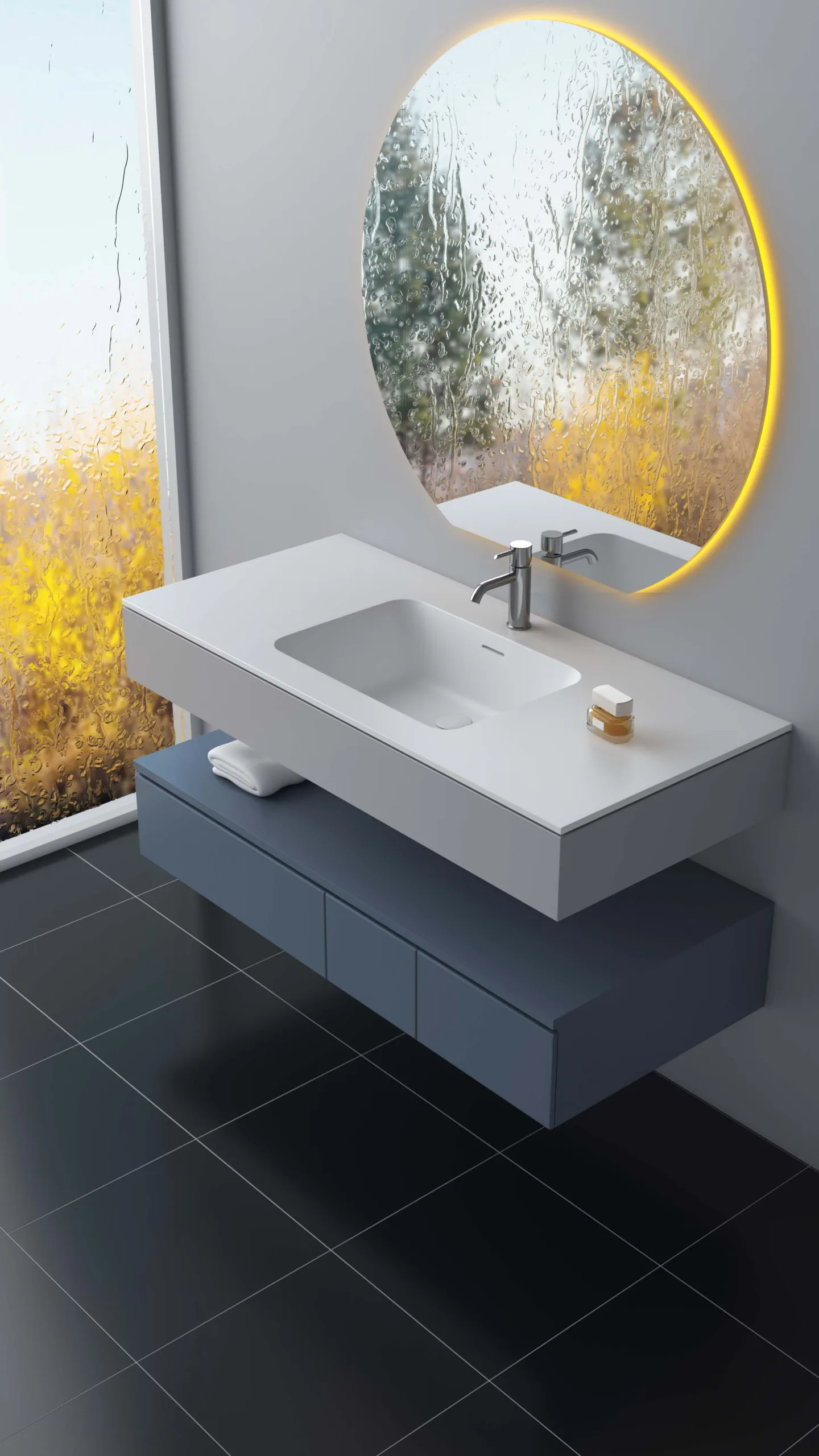 High-end wall-hung solid surface bathroom vanity highlighting the seamless integrated sink design set next to a modern floor-to-ceiling window.