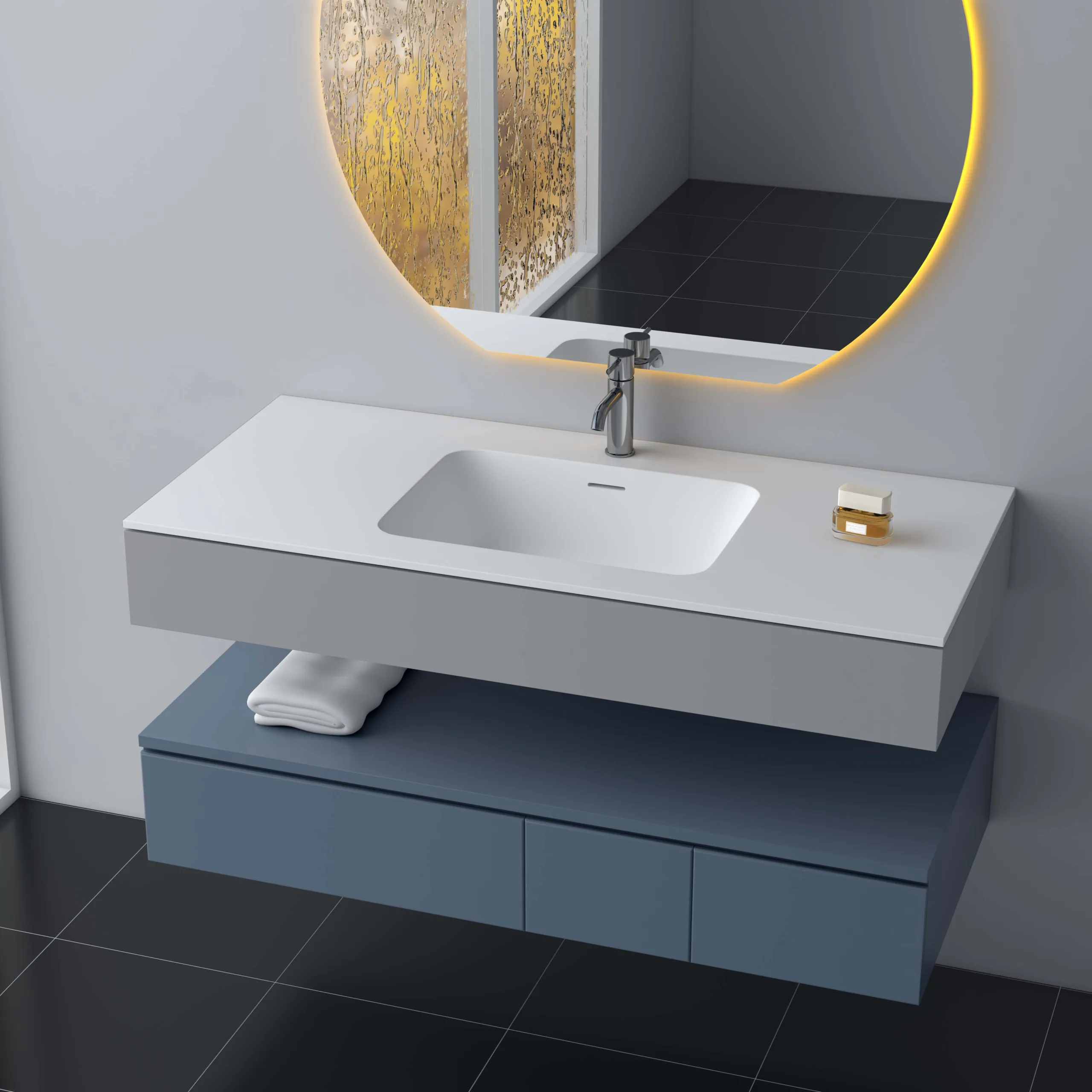 Premium floating solid surface bathroom vanity combo featuring an integrated matte white basin, a slate blue lower storage cabinet, and a round backlit LED mirror.