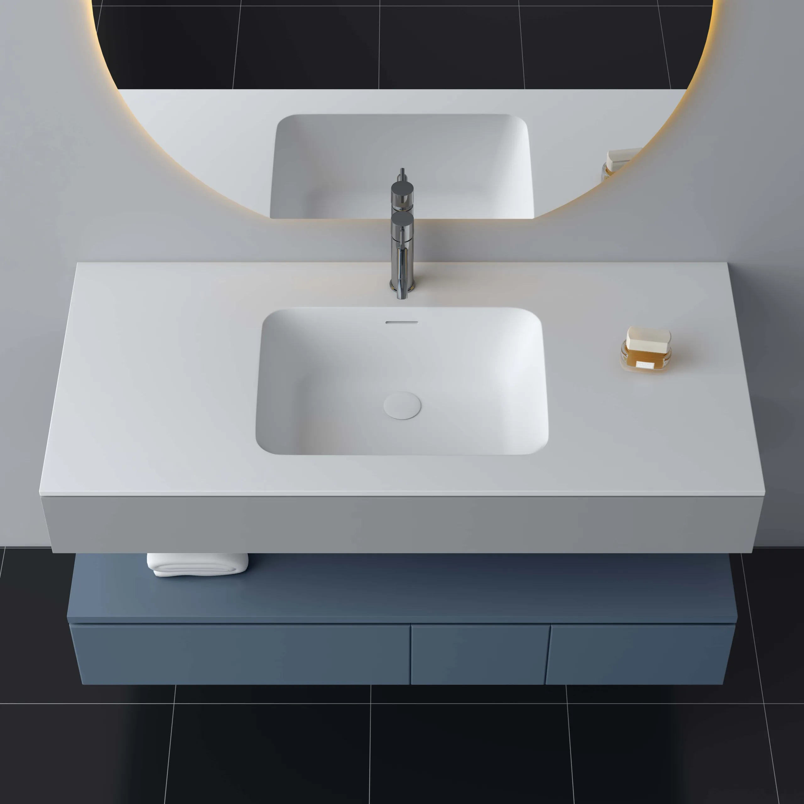 Perspective view of the modular floating solid surface bathroom vanity unit demonstrating the dual-tier cantilevered layout.