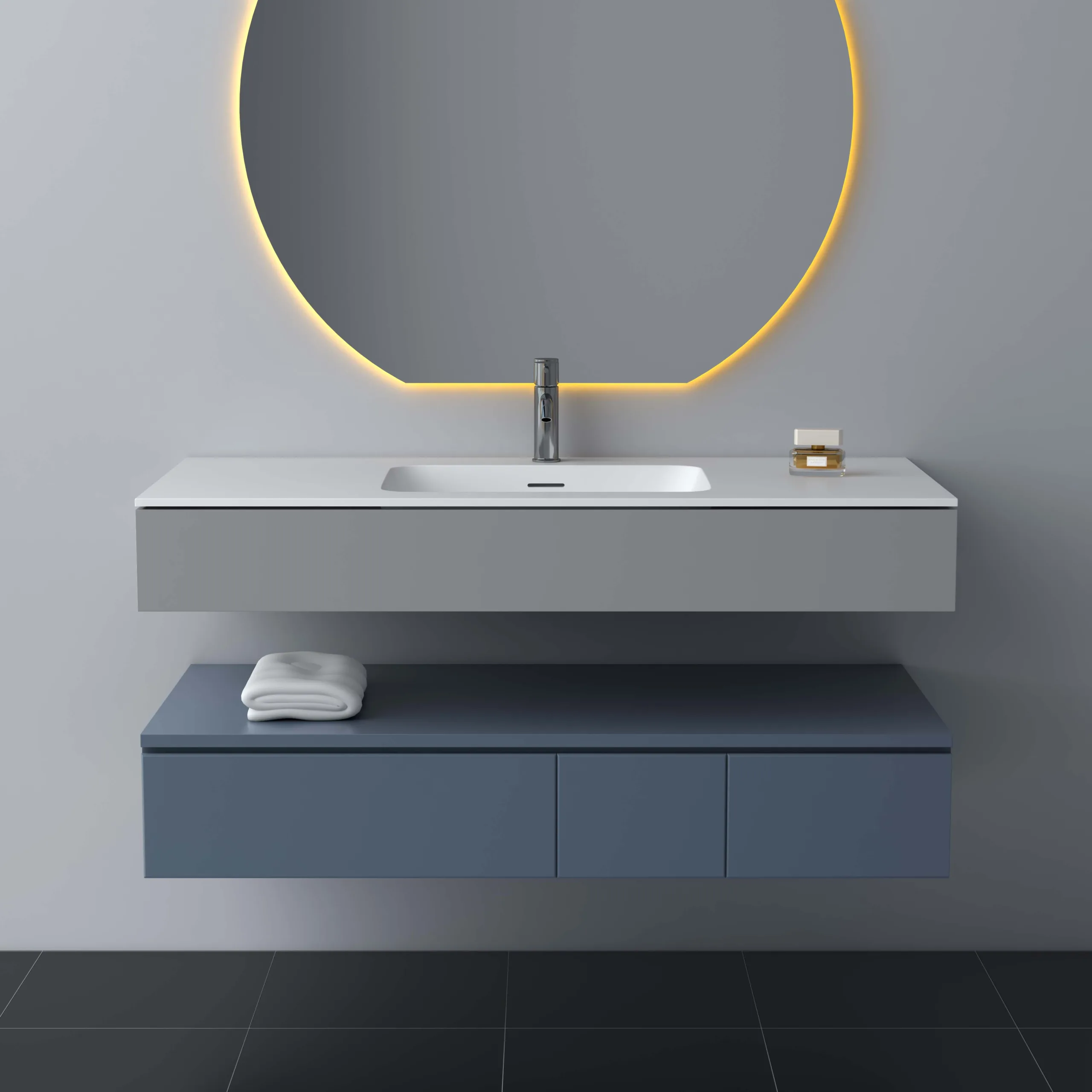 Overhead top-down technical view of the matte white integrated resin countertop sink on the floating solid surface bathroom vanity.