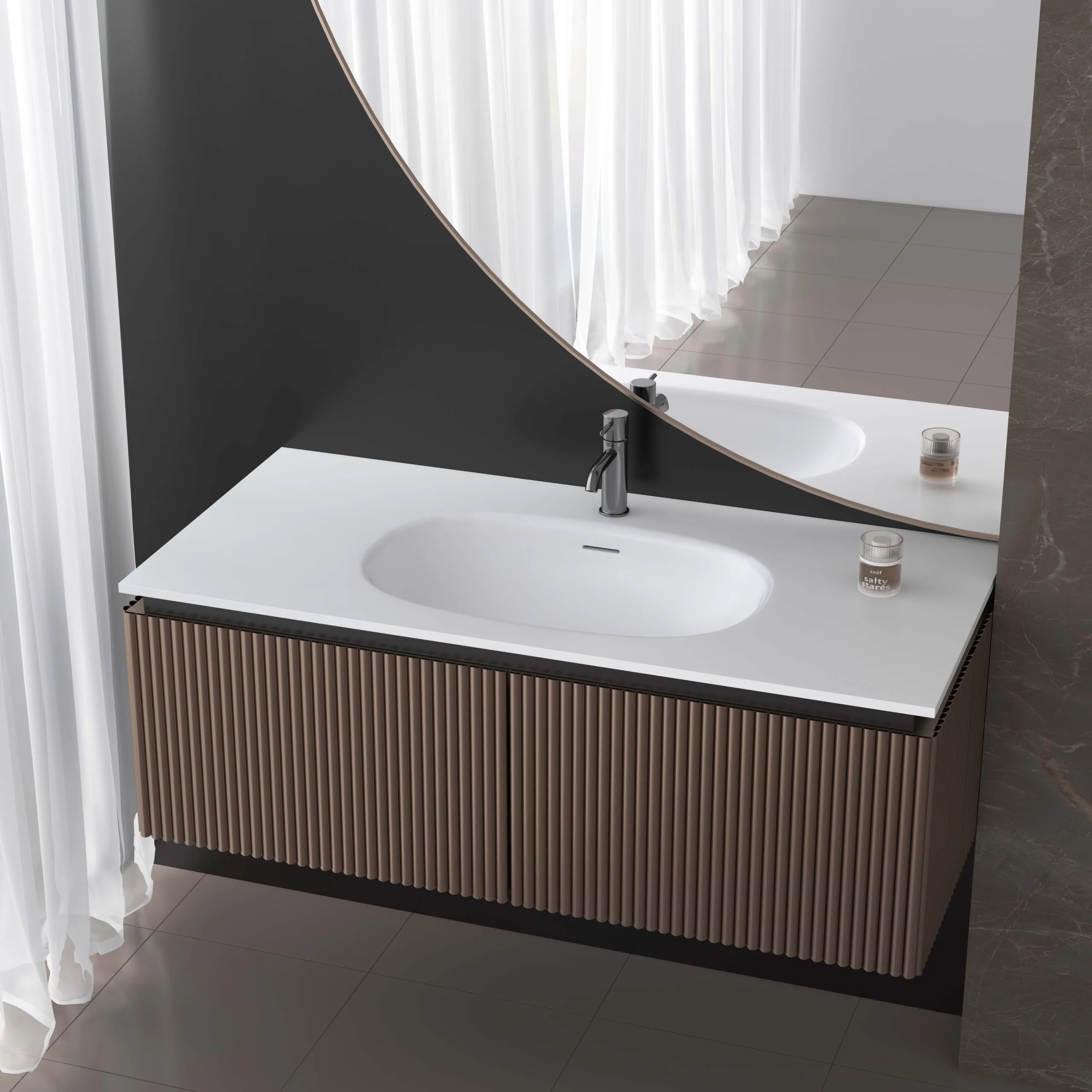 High-end brown fluted floating solid surface bathroom vanity combo featuring a seamless matte white integrated basin and a large curved accent wall mirror.