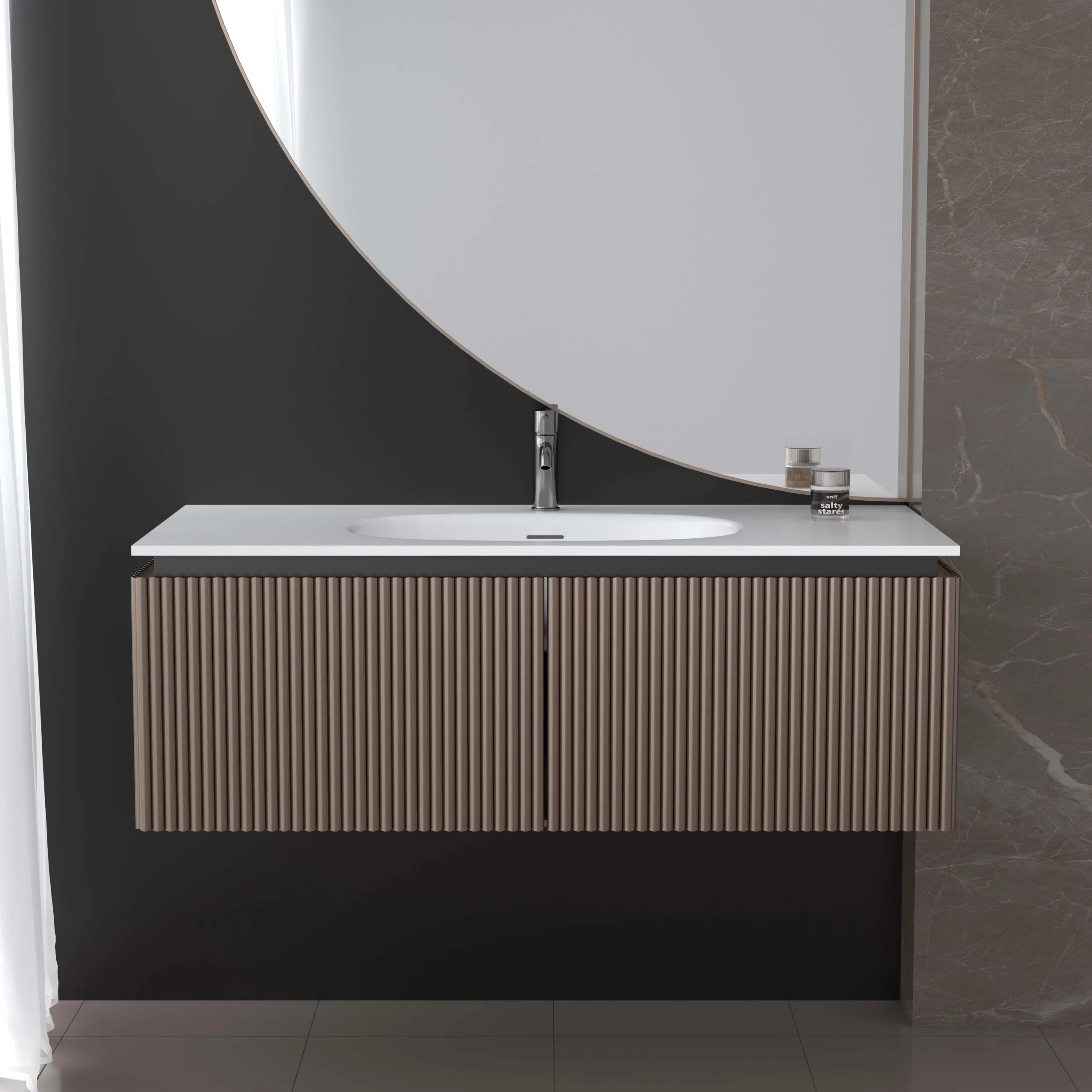 Front elevation view illustrating the clean linear profile and seamless symmetry of the brown fluted floating solid surface bathroom vanity.