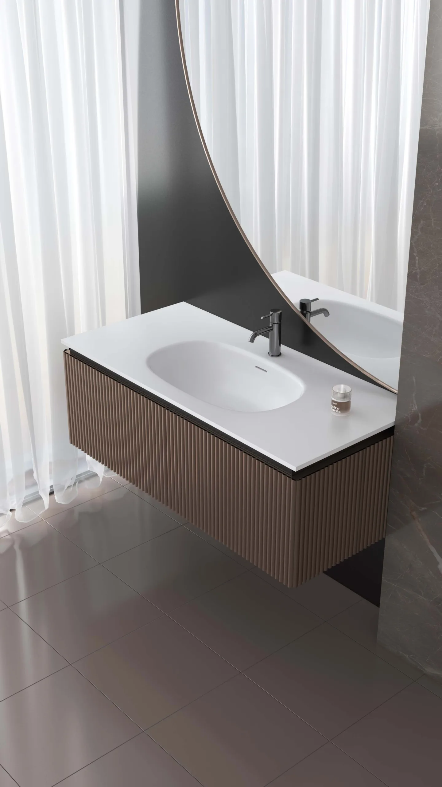 High-angle architectural view of the brown fluted floating solid surface bathroom vanity installed in a modern hospitality washroom setting.