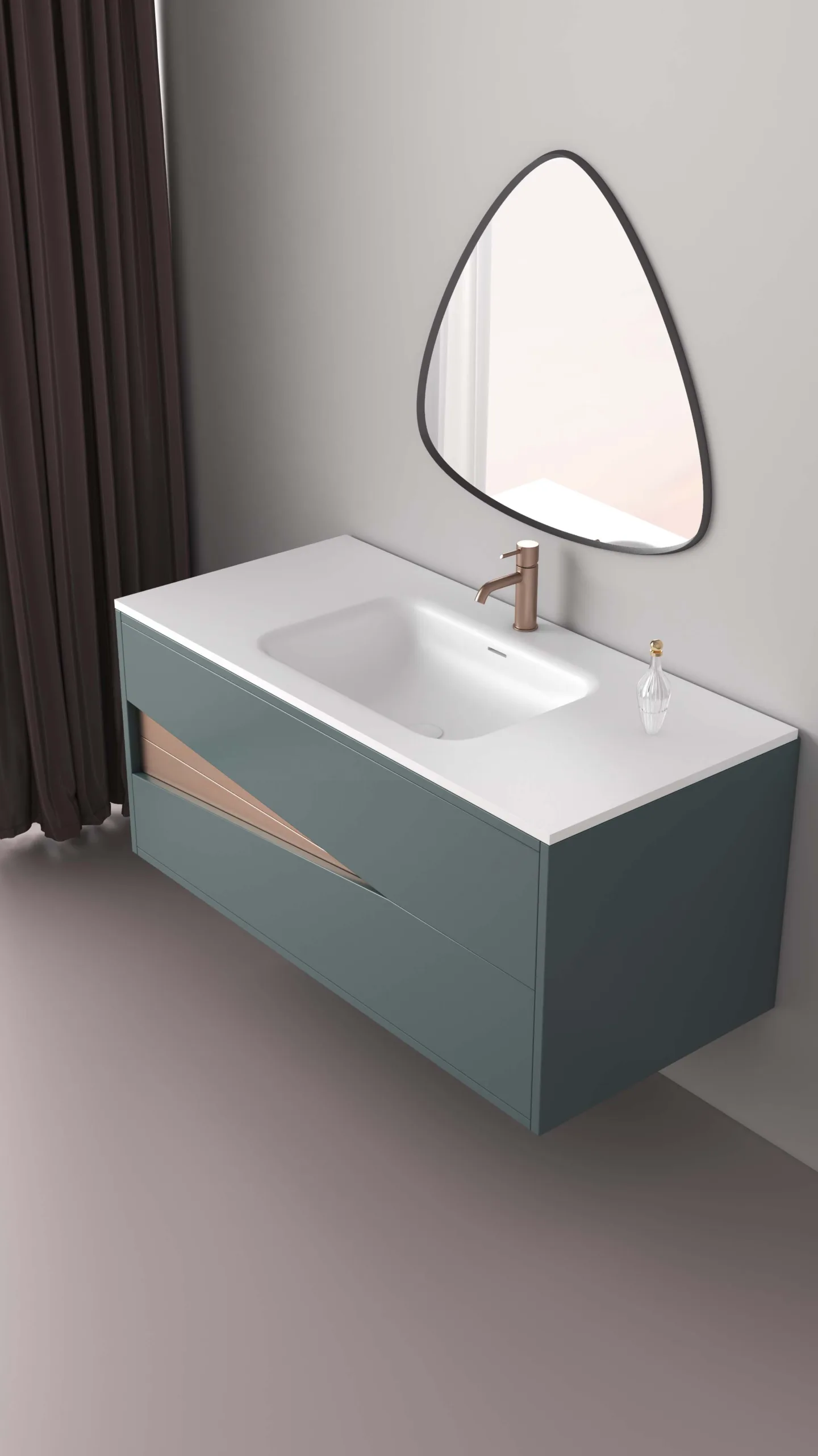 Modern teal green floating solid surface bathroom vanity combo featuring a seamless matte white resin countertop, a geometric rose gold diagonal accent inlay, and a pebble-shaped wall mirror.
