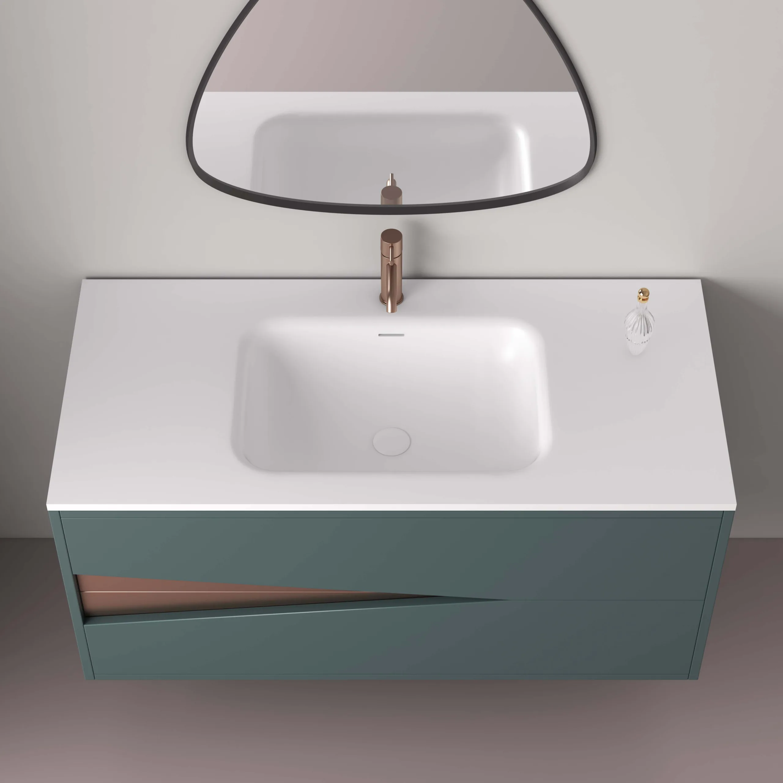 Overhead top-down view of the teal green floating solid surface bathroom vanity showcasing the smooth integrated rectangular basin and precision slanted drawer channel.