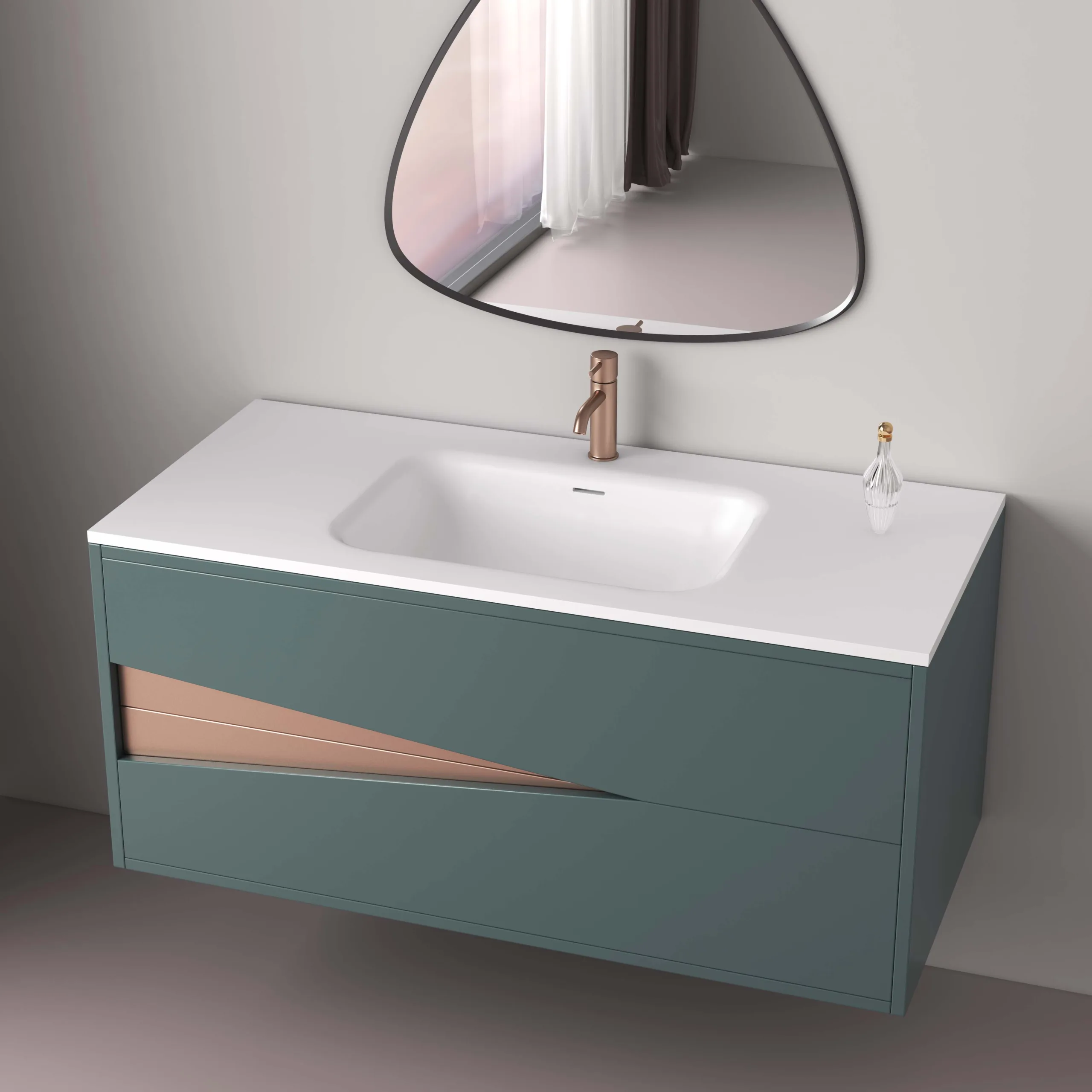 Front elevation view highlighting the clean minimalist lines, handleless drawer configuration, and asymmetric rose gold geometric cut-out of the teal green floating solid surface bathroom vanity.