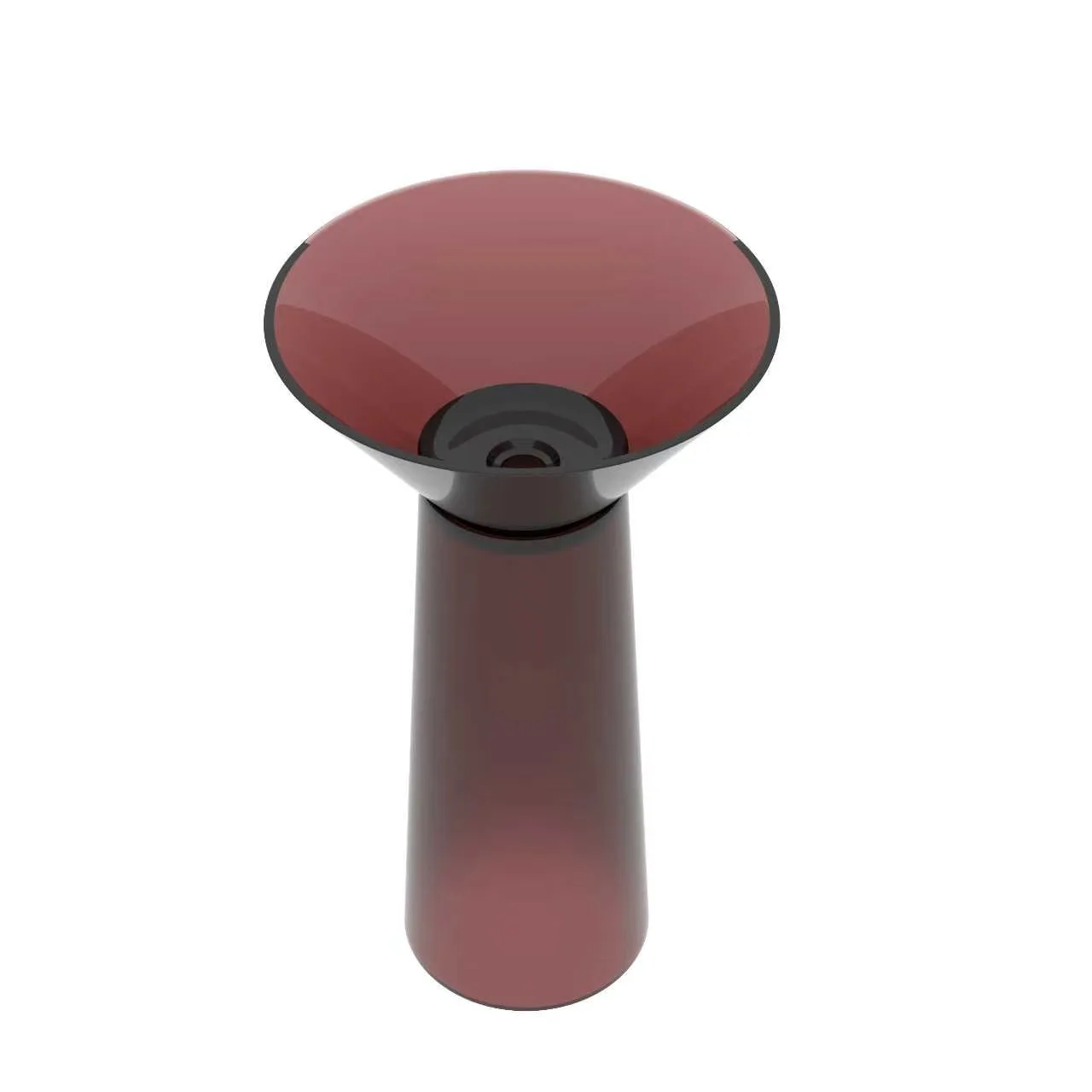 Perspective view of the illuminated Translucent Resin Freestanding Pedestal Sink showing the ambient glowing pedestal base and dark red translucent basin.