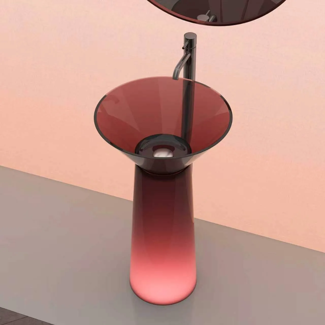 Top perspective view of the Translucent Resin Freestanding Pedestal Sink in emerald green finish featuring a conical flared basin and cylindrical pedestal base.