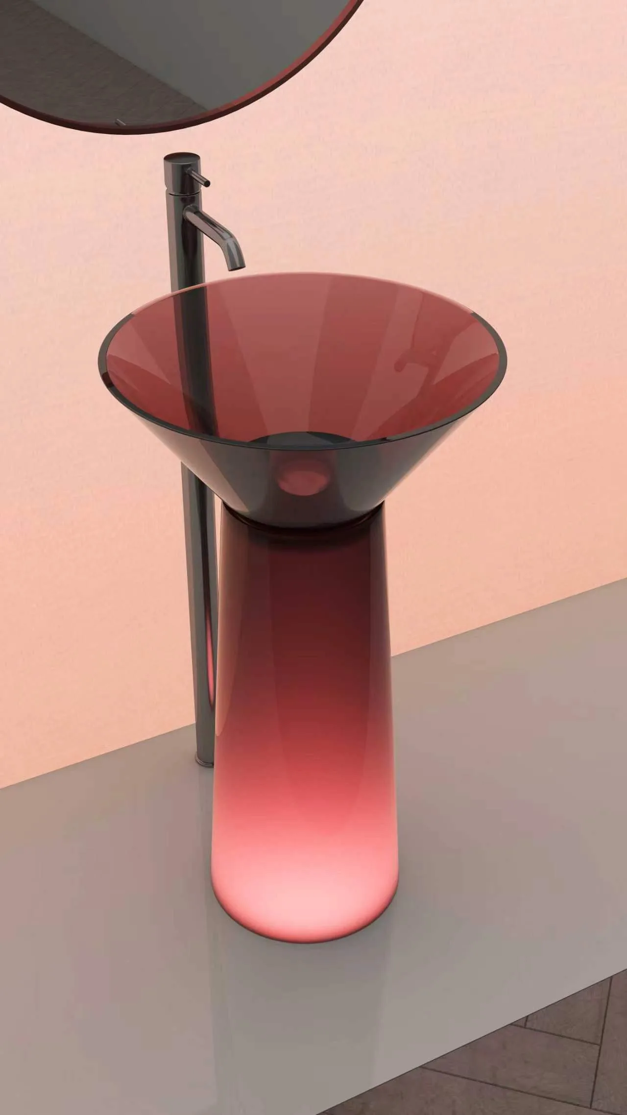Front elevation view of the Translucent Resin Freestanding Pedestal Sink in translucent burgundy red finish with a flared funnel top.