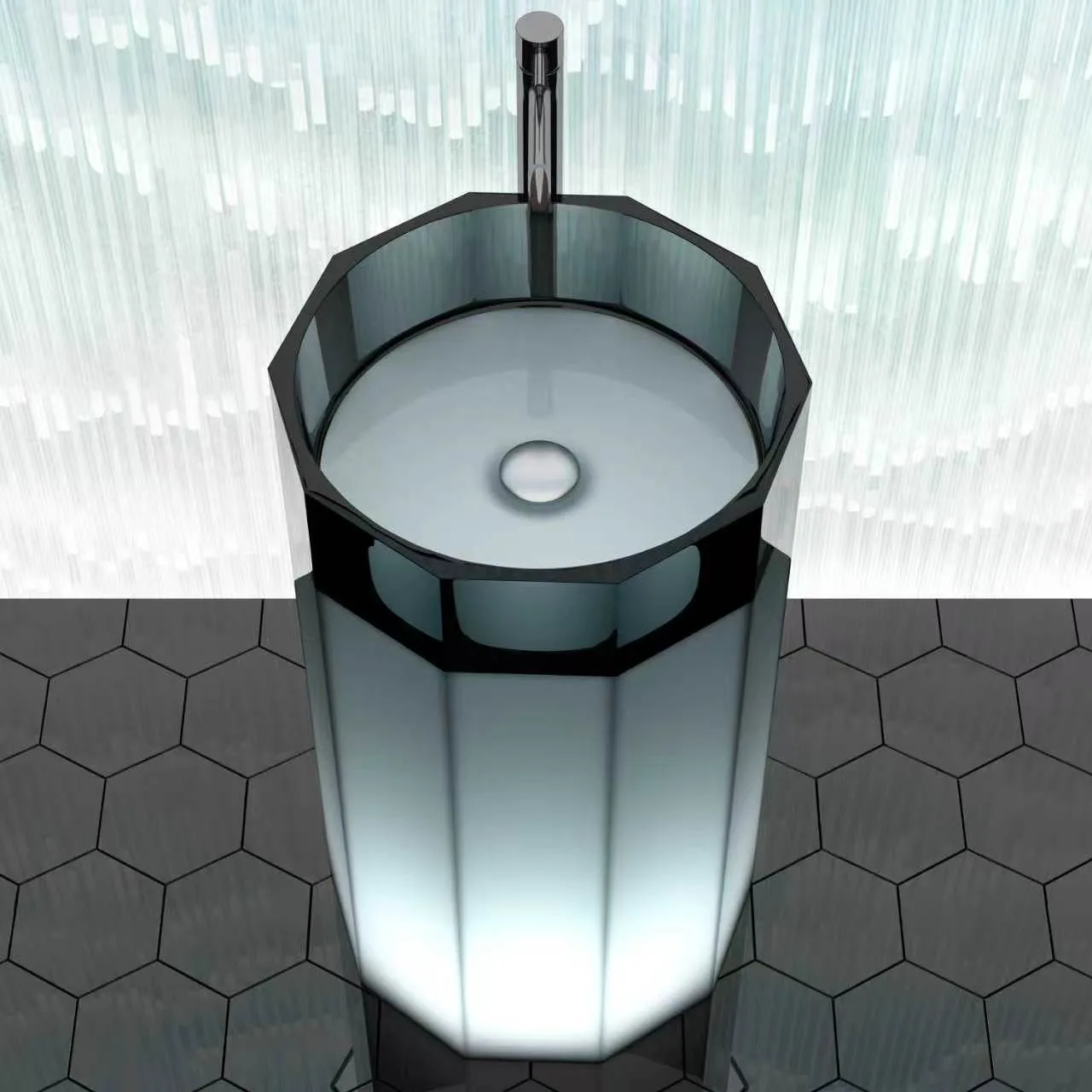 Top-down view of the Illuminated Octagonal Translucent Resin Freestanding Pedestal Sink showcasing the smooth inner basin and faceted exterior geometry.