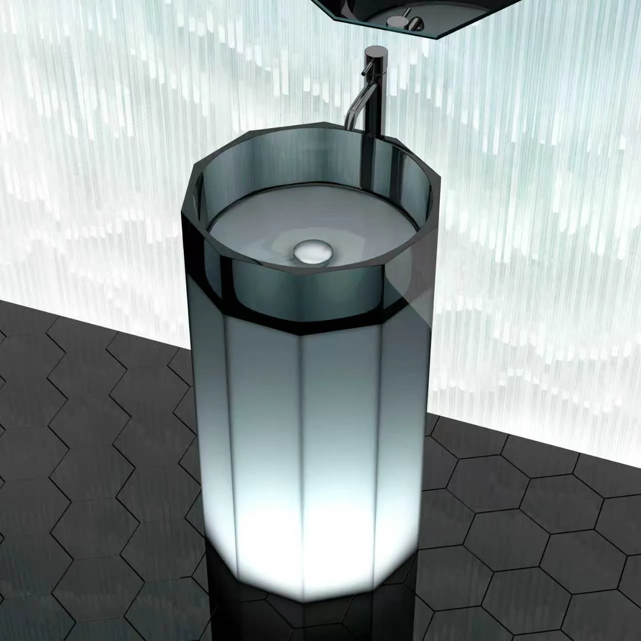 High-angle perspective view of the Illuminated Octagonal Translucent Resin Freestanding Pedestal Sink with bottom LED lighting and smoked translucent finish.