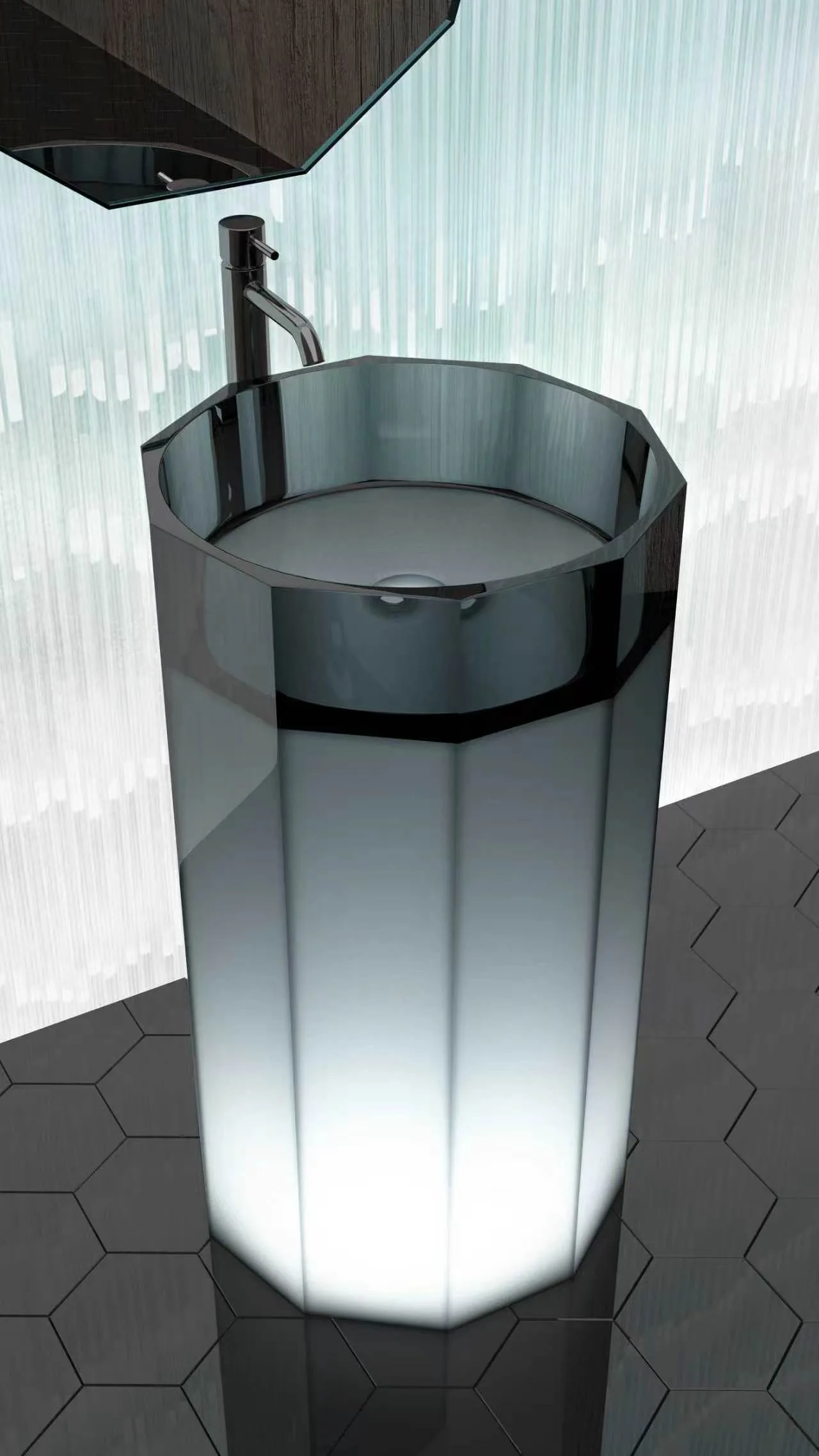 Detailed perspective view of the Illuminated Octagonal Translucent Resin Freestanding Pedestal Sink highlighting the geometric faceted column and soft ambient glow.