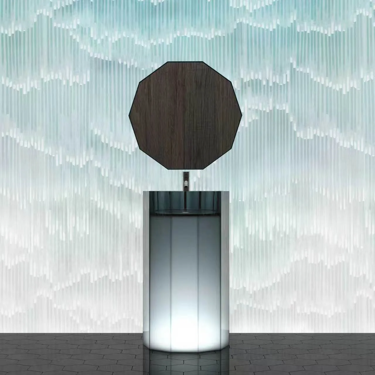 Front elevation view of the Illuminated Octagonal Translucent Resin Freestanding Pedestal Sink paired with a matching octagonal mirror in a modern luxury bath space.