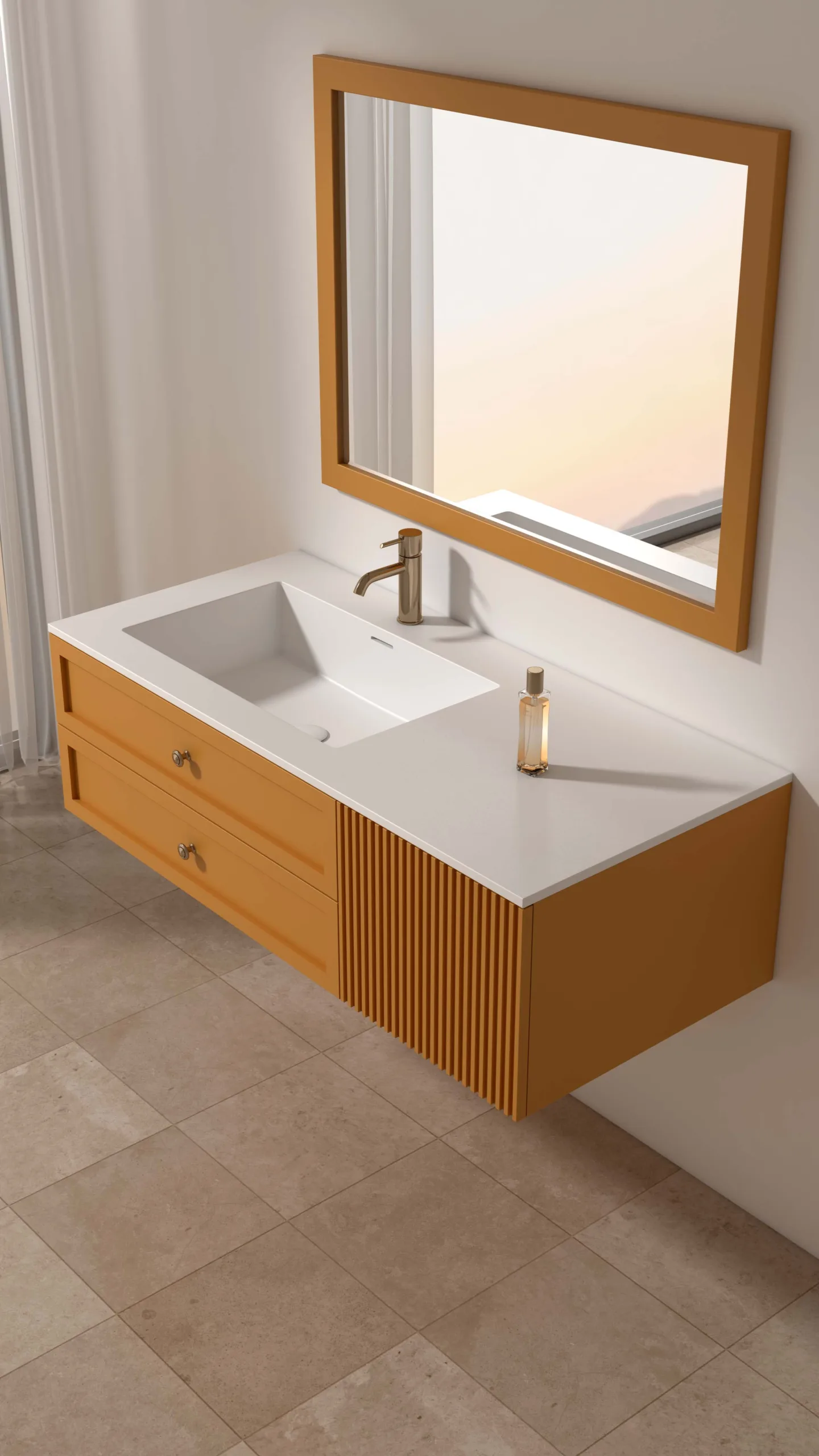 Premium fluted floating solid surface bathroom vanity featuring an integrated matte white basin, warm ochre cabinetry with slatted wood detailing, and a matching framed wall mirror.