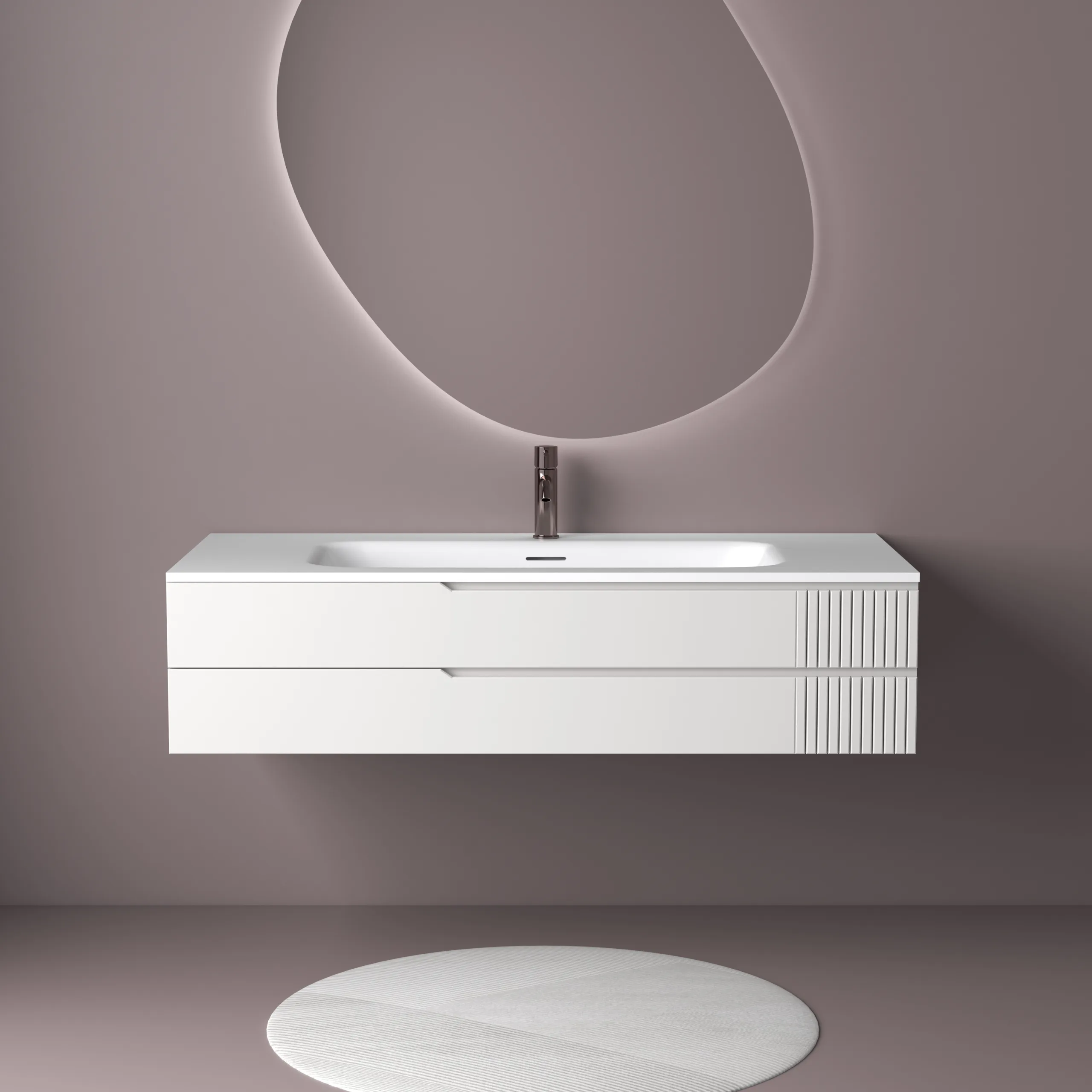 Premium white fluted floating solid surface bathroom vanity combo featuring a seamless matte countertop, asymmetric slatted drawers, and a large organic backlit LED mirror.