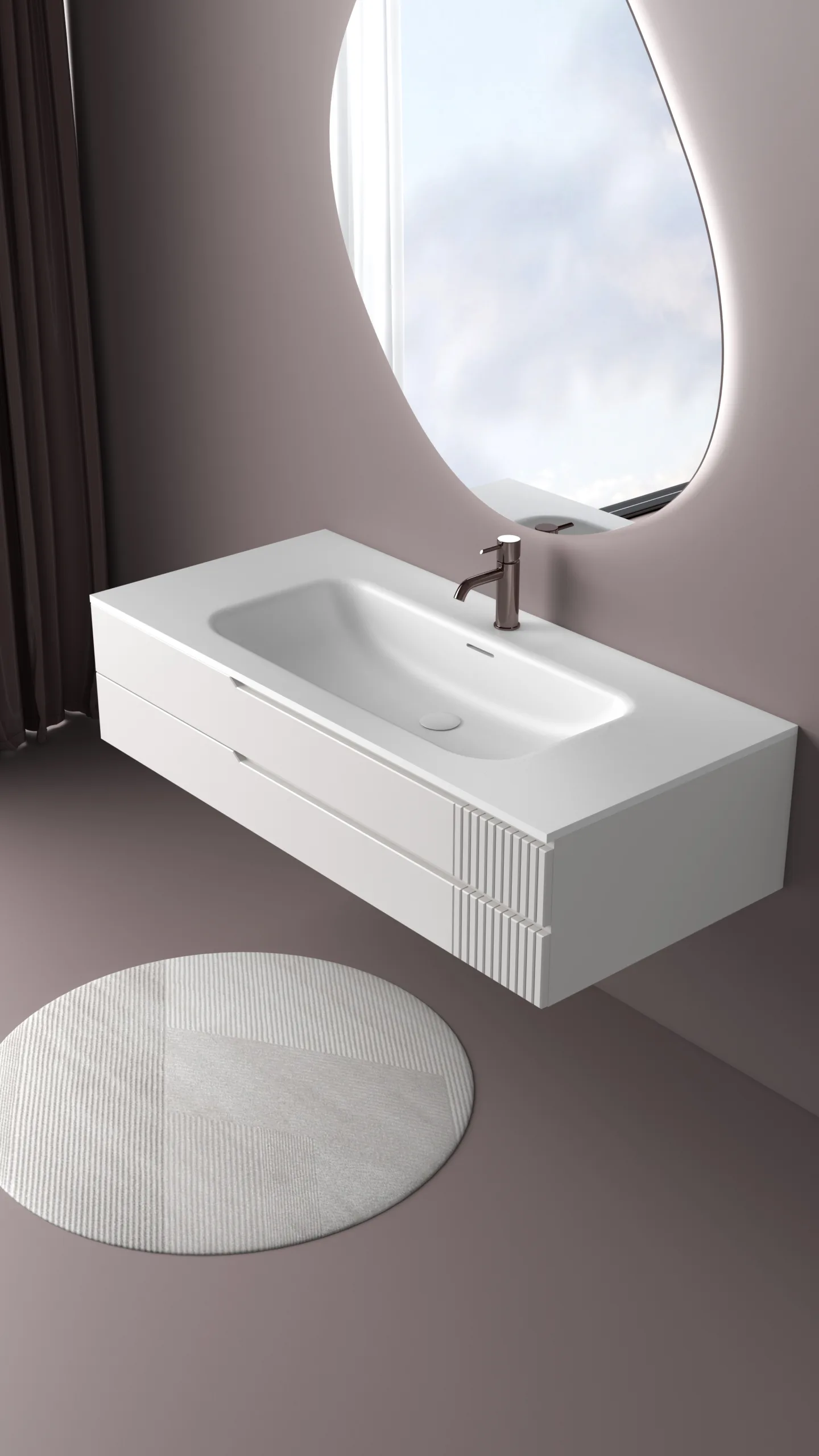 High-angle perspective view of the white fluted floating solid surface bathroom vanity illustrating the integrated recessed handle and vertical slatted accent on the drawers.