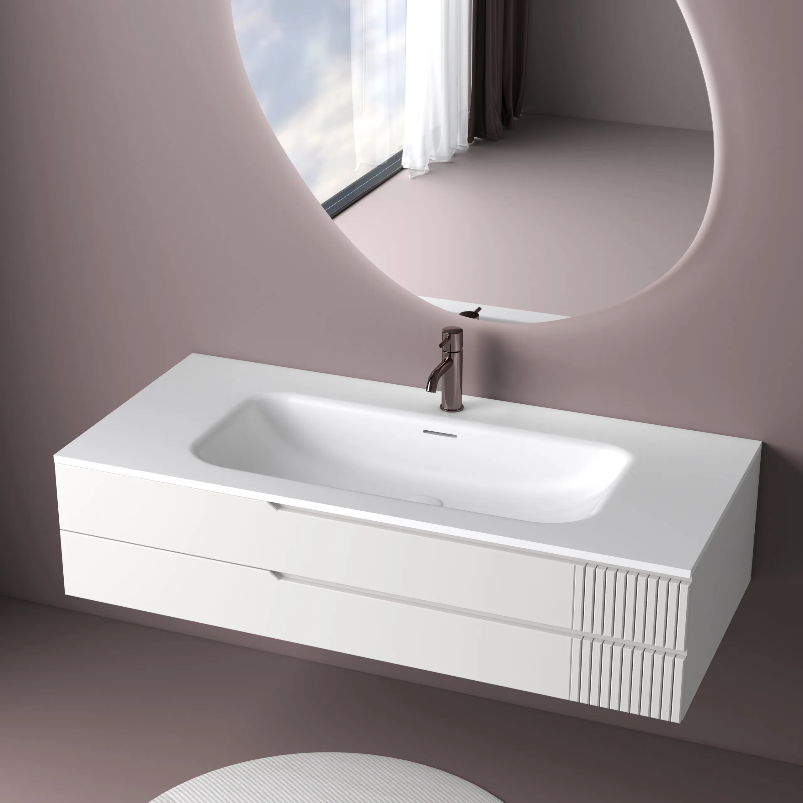 Alternative perspective view showing the white fluted floating solid surface bathroom vanity set against a warm dusty rose wall with a glowing organic mirror.