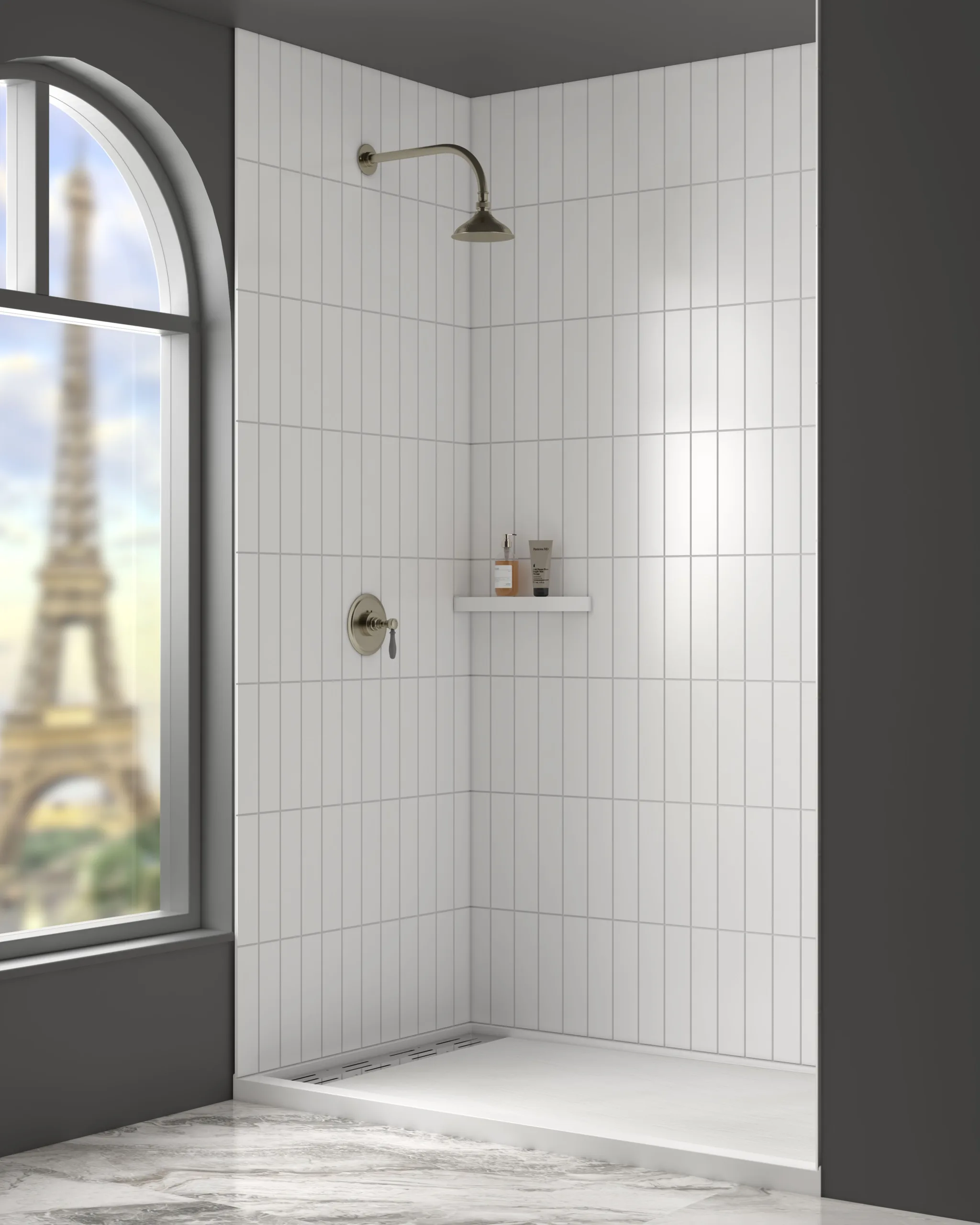 Classic walk-in hospitality shower alcove showcasing white vertical stacked tile cultured marble shower panels paired with traditional brushed bronze fixtures.