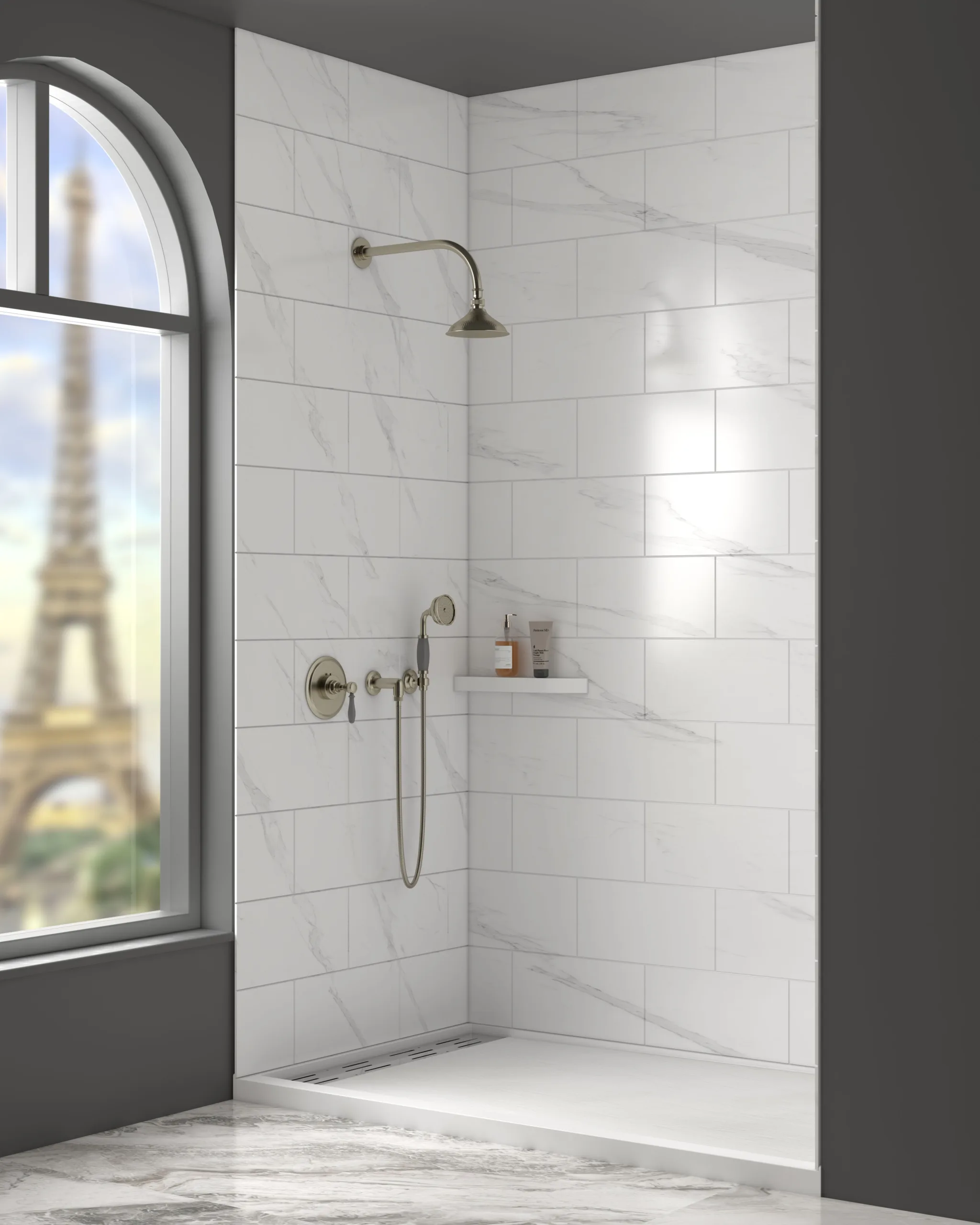 Classic walk-in hospitality shower alcove showcasing white marble subway tile cultured marble shower panels paired with traditional brushed bronze fixtures and an integrated hand shower system in 944ff4c0f4622f9ae4a40b9c6505b1c1.jpg.