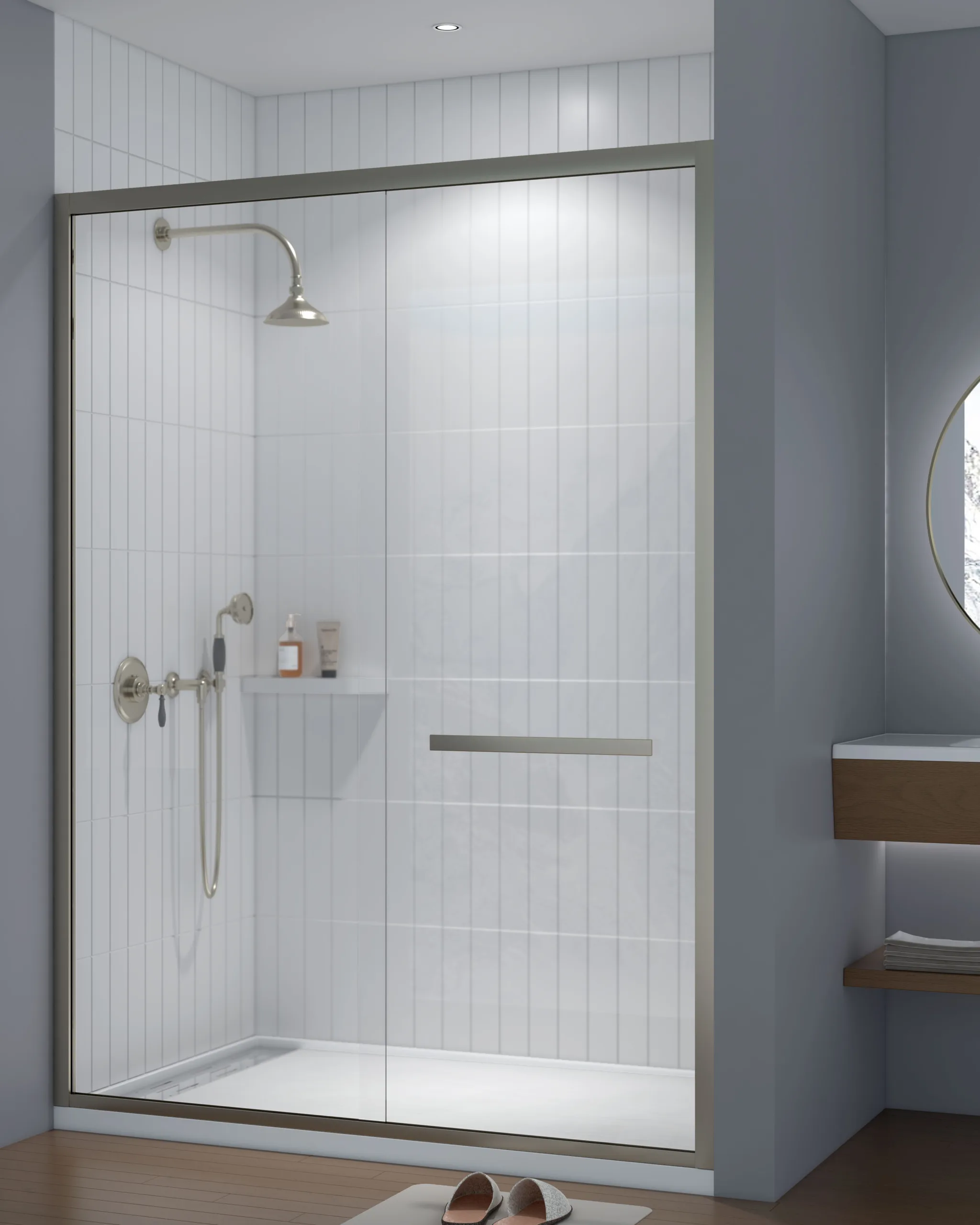Modern walk-in hospitality shower enclosure featuring white vertical stacked tile cultured marble shower panels behind a framed sliding glass door in 049ee6b5b7374b6ce5d9f0a1ec359e28.jpg.