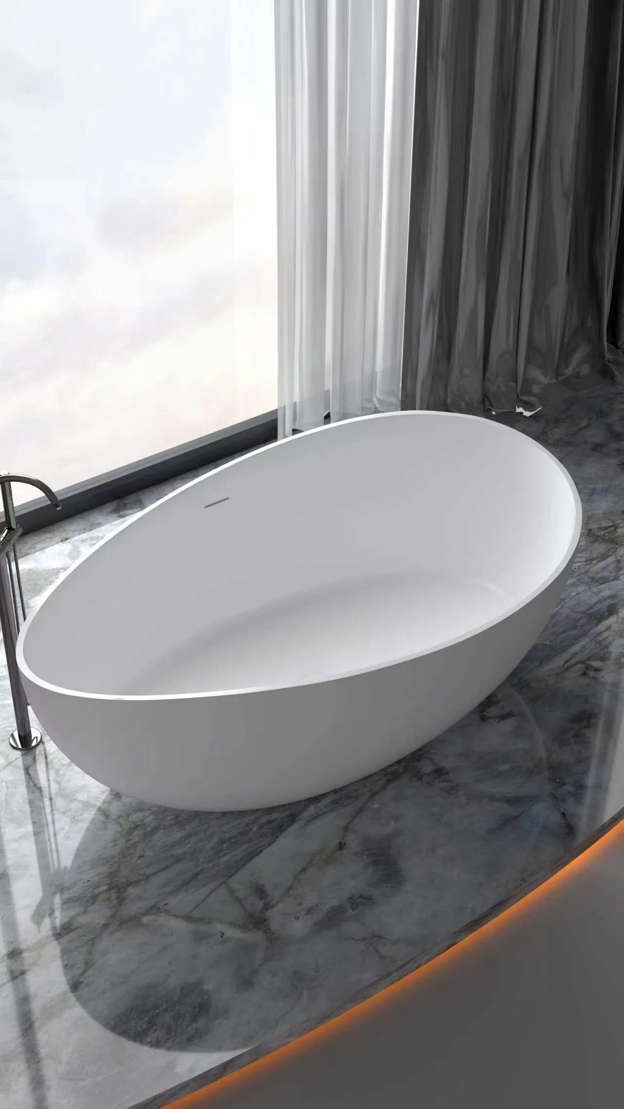 Alternative high-angle perspective view of the ergonomic wave solid surface freestanding bathtub showcasing the smooth, seamless interior basin and integrated overflow.
