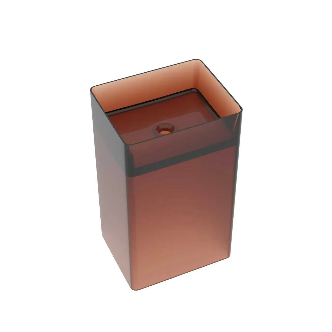 Studio isolated view of the amber brown variant of the translucent resin freestanding pedestal washbasin highlighting its colored, light-transmitting composition.